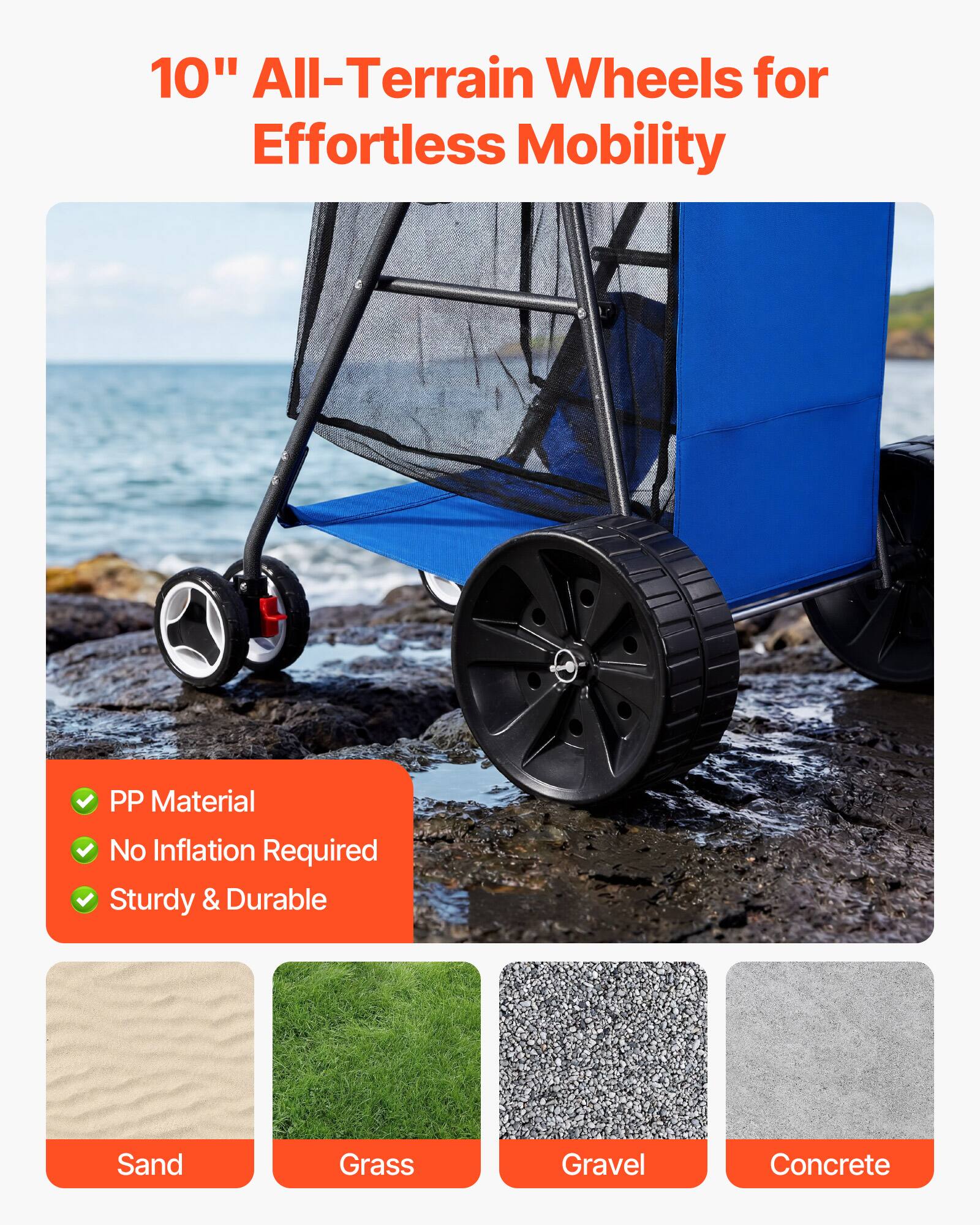 10" All-Terrain Wheels for Effortless Mobility

- PP Material
- No Inflation Required
- Sturdy & Durable

Sand  
Grass  
Gravel  
Concrete