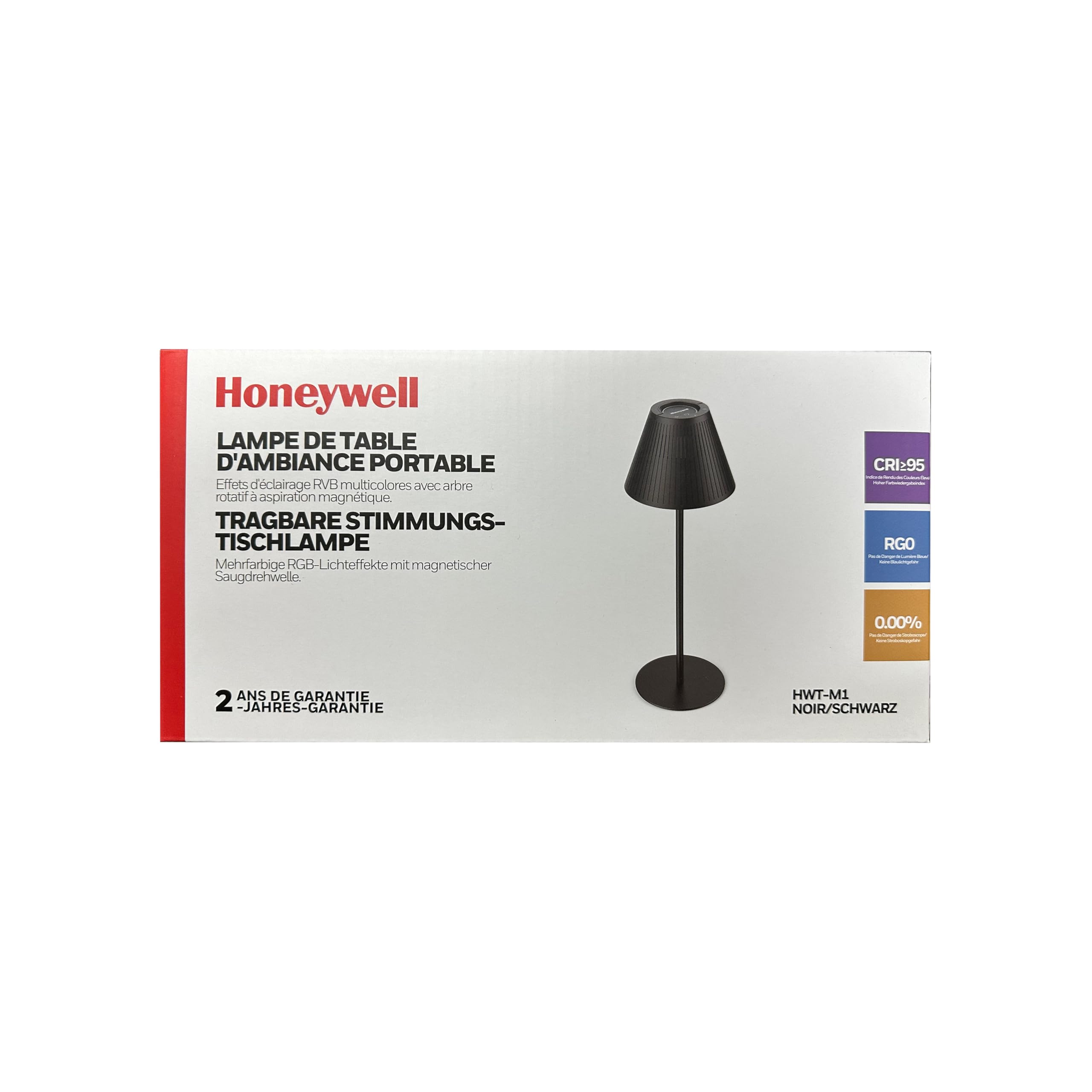 Honeywell LAMPE DE TABLE D'AMBIANCE PORTABLE Effets d'éclairage RVB multicolores avec arbre rotatif à aspiration magnétique. TRAGBARE STIMMUNGS-TISCHLAMPE Mehrtarbige RGB-Lichteffekte mit magnetischer Saugdrehwelle CRI:95 RGO 0.00% ANS DE GARANTIE 2 -JAHRES-GARANTIE HWT-M1 NOIR/SCHWARZ