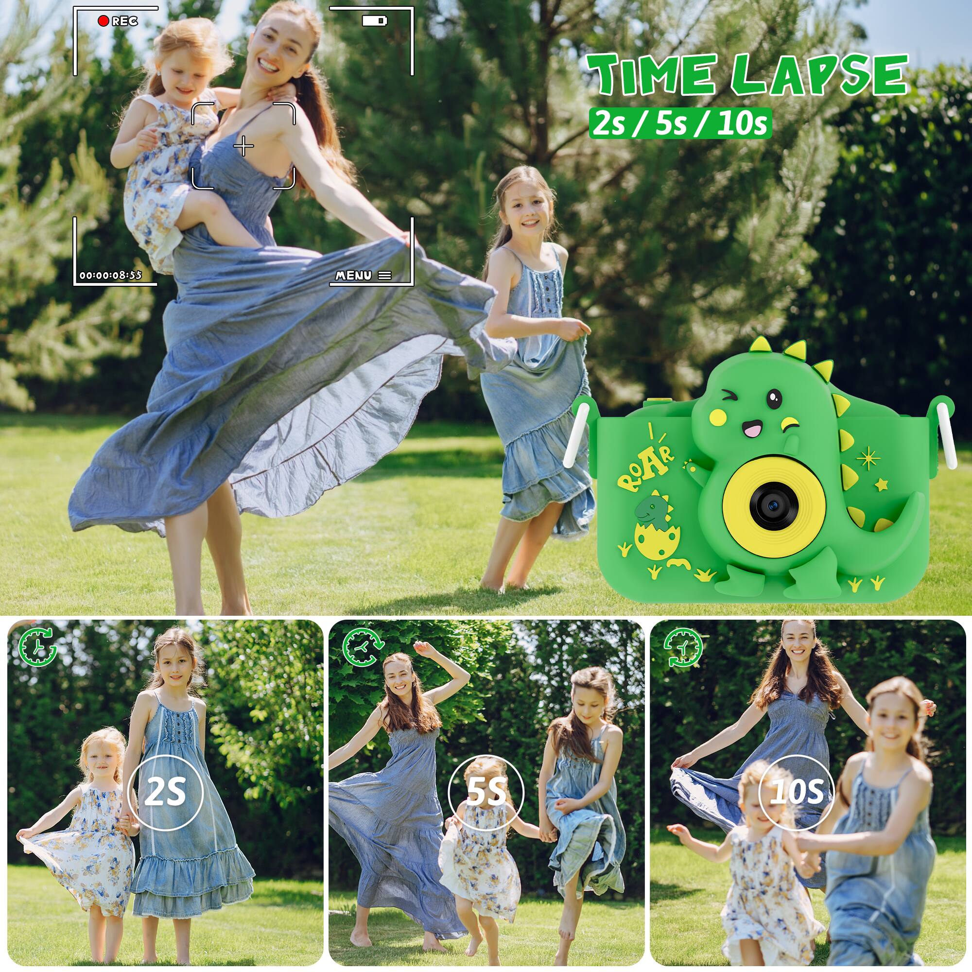 REC TIME LAPSE 2s / 5s / 10s 2s / 5s / 10s 00-00:08:33 MENU = ROAR 2S 5S 10S