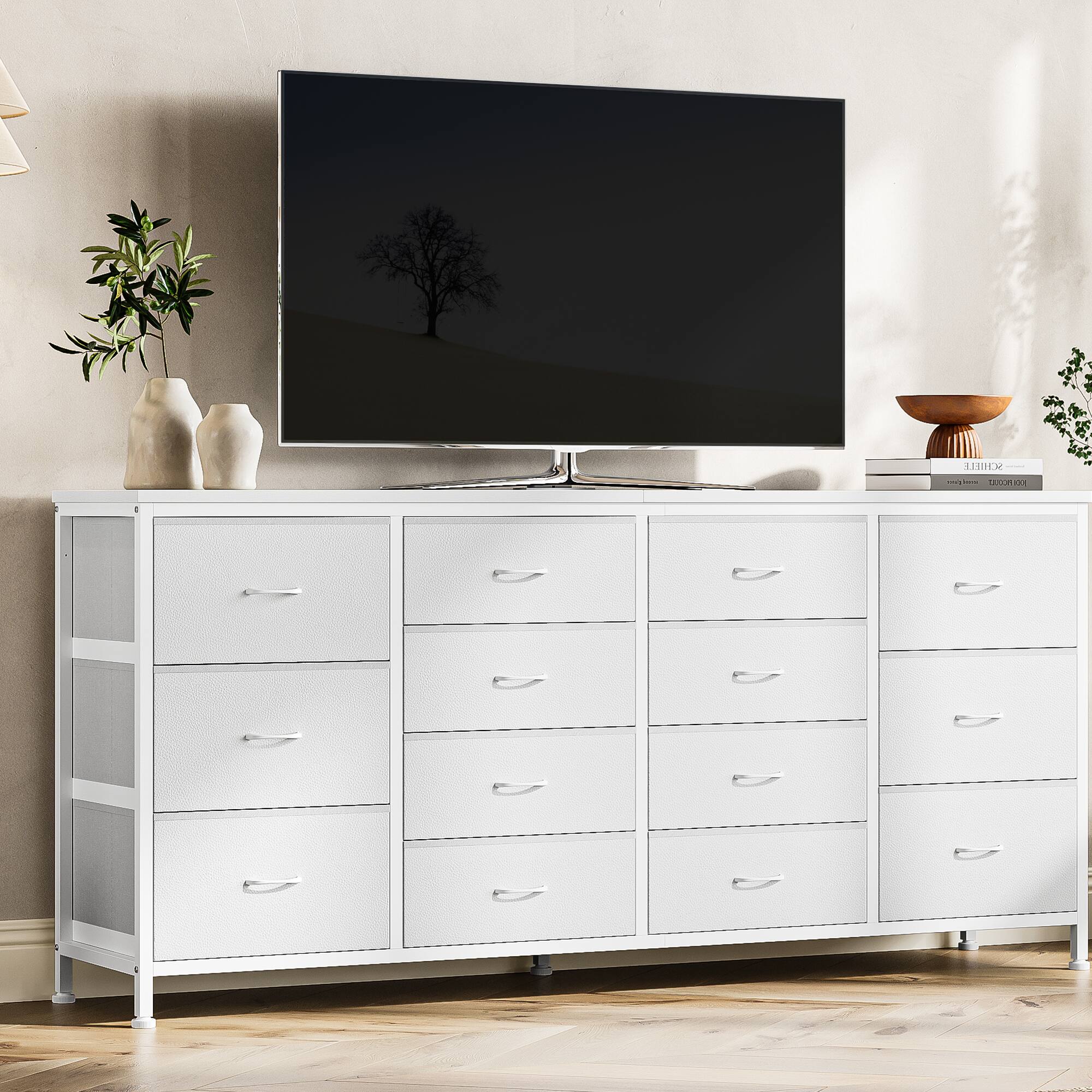 Alt View 3. TROPOW - 14 Drawer Dresser & TV Stand, with Power Outlet for 65 70 75 Inch TV, Long Entertainment Center for Home Room Decor - White.