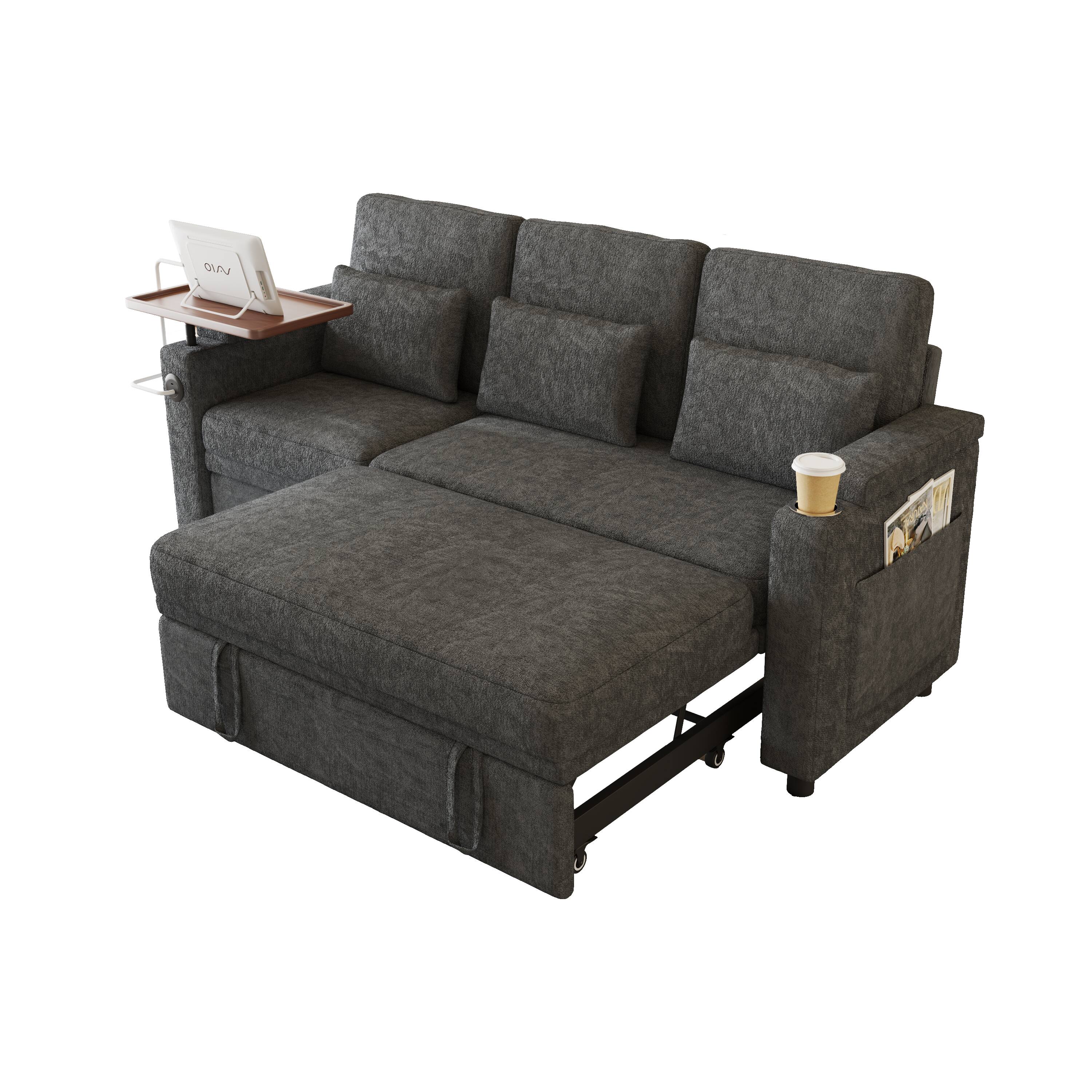 Back. Anysun - 81" 3-in-1 Foldable 3-Seater Sofa Bed, Table Board, USB Ports, Storage Armrests, Adjustable Backrest, Chenille - Dark Grey.