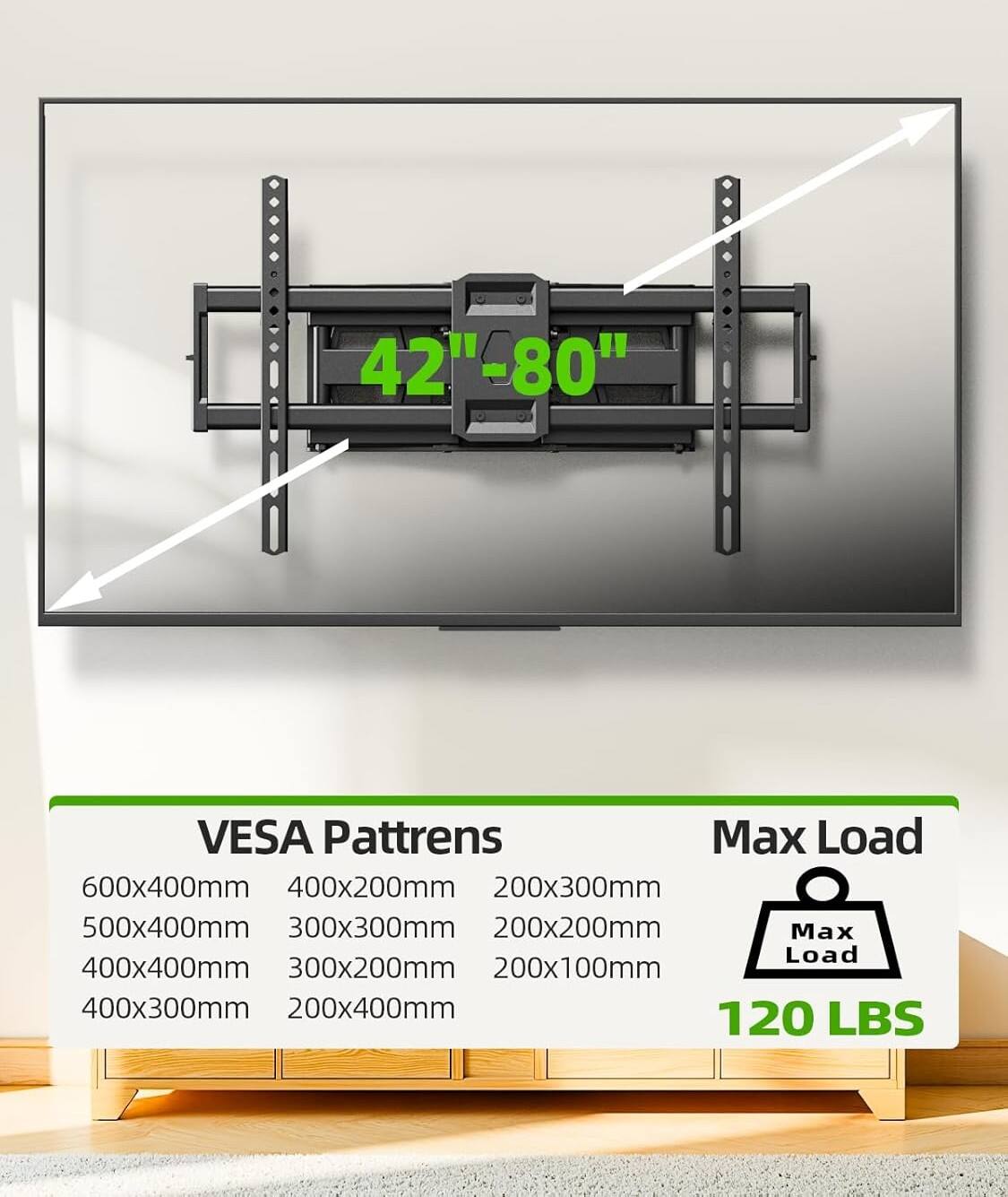 42"-80" VESA Patterns  
Max Load: 120 LBS  

600x400mm  
400x200mm  
200x300mm  
500x400mm  
300x300mm  
200x200mm  
400x400mm  
300x200mm  
200x100mm  
400x300mm  
200x400mm