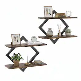 Costway - 2PCS Floating Shelves with Geometric Frame, 2-Tier Wall Mounted Decorative Shelves - Black + Rustic Brown