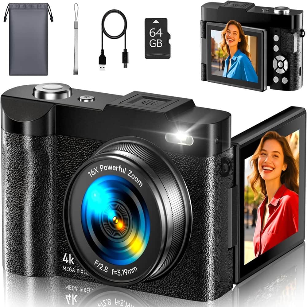 ACJPR - 4K Digital Camera, 48MP, 16X Zoom, 180° Flip Screen, 64GB SD Card
