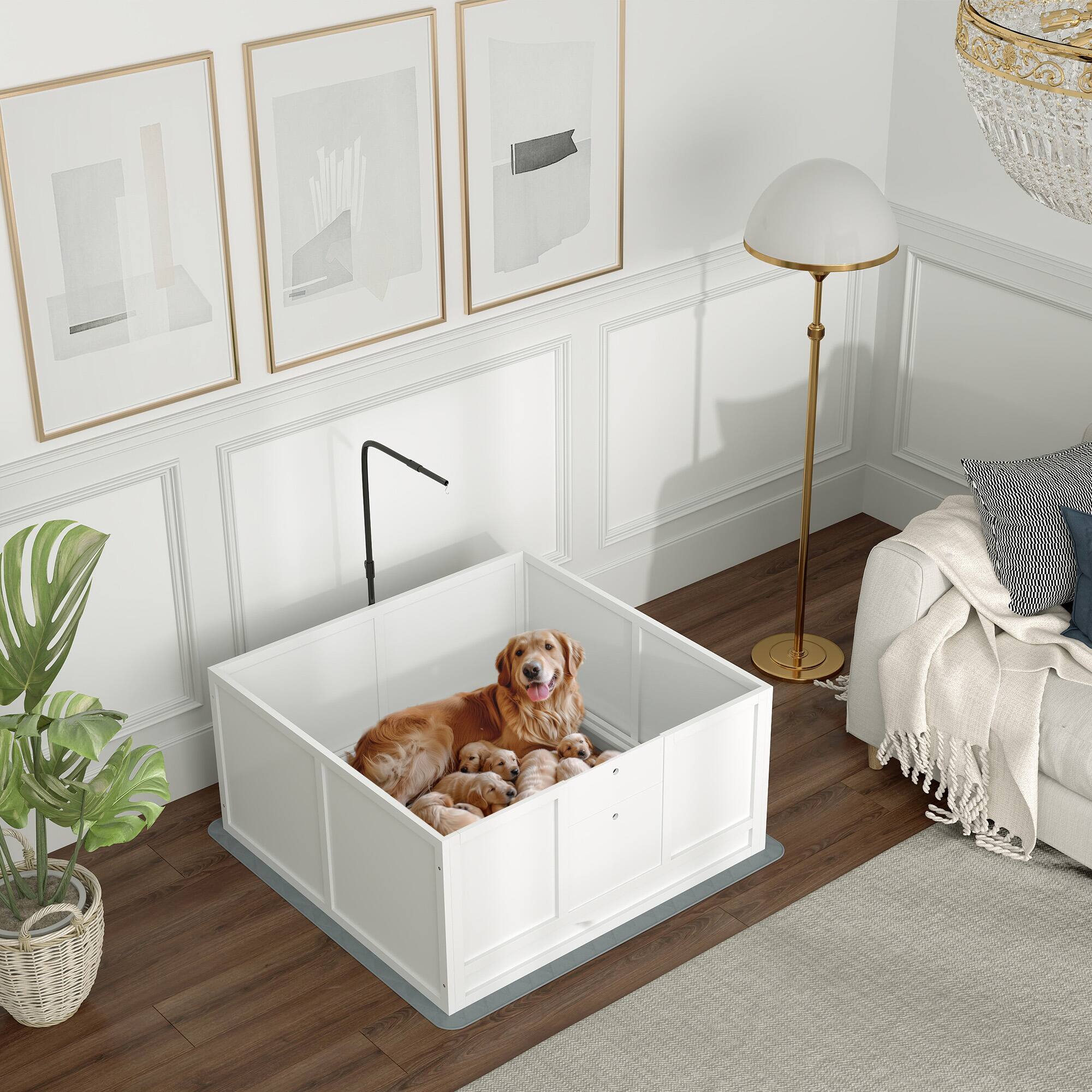 Angle. Pawhut - Whelping Box for Dogs, Retractable Light Stand, Waterproof Mat, Adjustable Door, Small/Medium/Large Dogs, 41" x 39".
