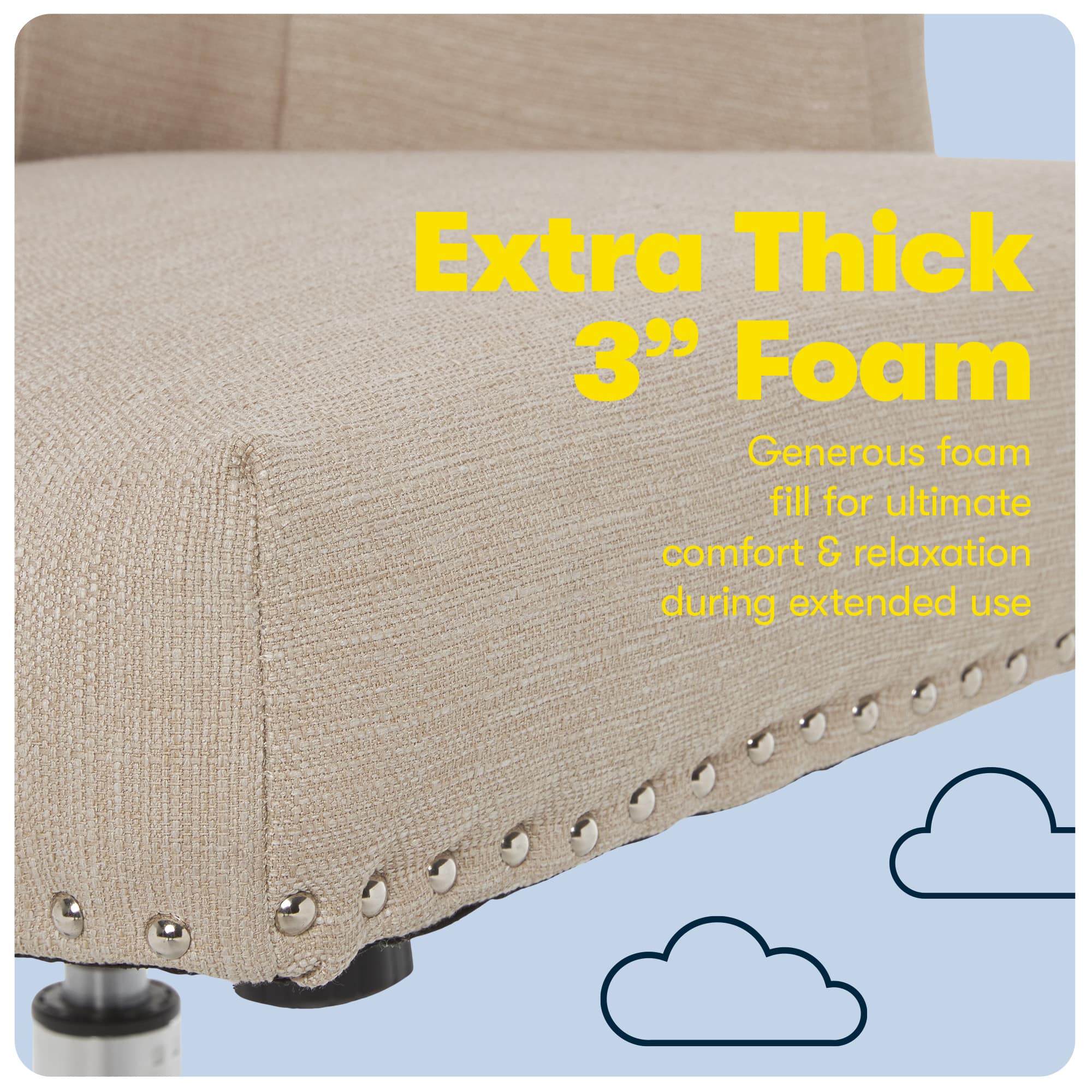 The image features a chair with a thick cushion, which is described as having an extra thick 3" foam. This suggests that the chair is designed for comfort and relaxation, making it suitable for extended use. The chair's cushion is filled with generous foam, providing a cozy and supportive seating experience.