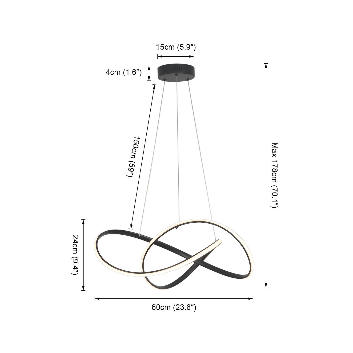 15cm (5.9")  
4cm (1.6")  
150cm (59")  
Max 178cm (70.1")  
24cm (9.4")  
60cm (23.6")