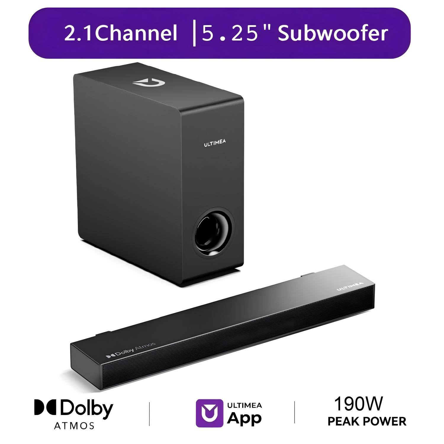 2.1 Channel | 5.25" Subwoofer
ULTIMEA ULTIMATE
Dolby Atmos
ULTIMEA App
190W PEAK POWER