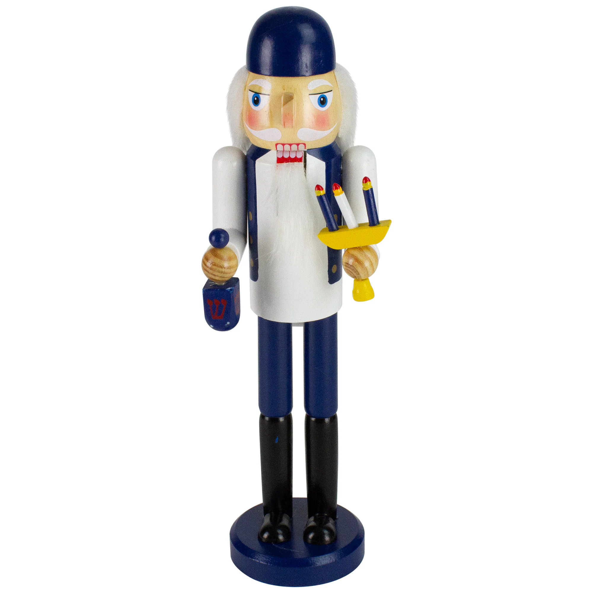Northlight - 14" and White Wooden Hanukkah Nutcracker with Dreidel and Menorah - Blue