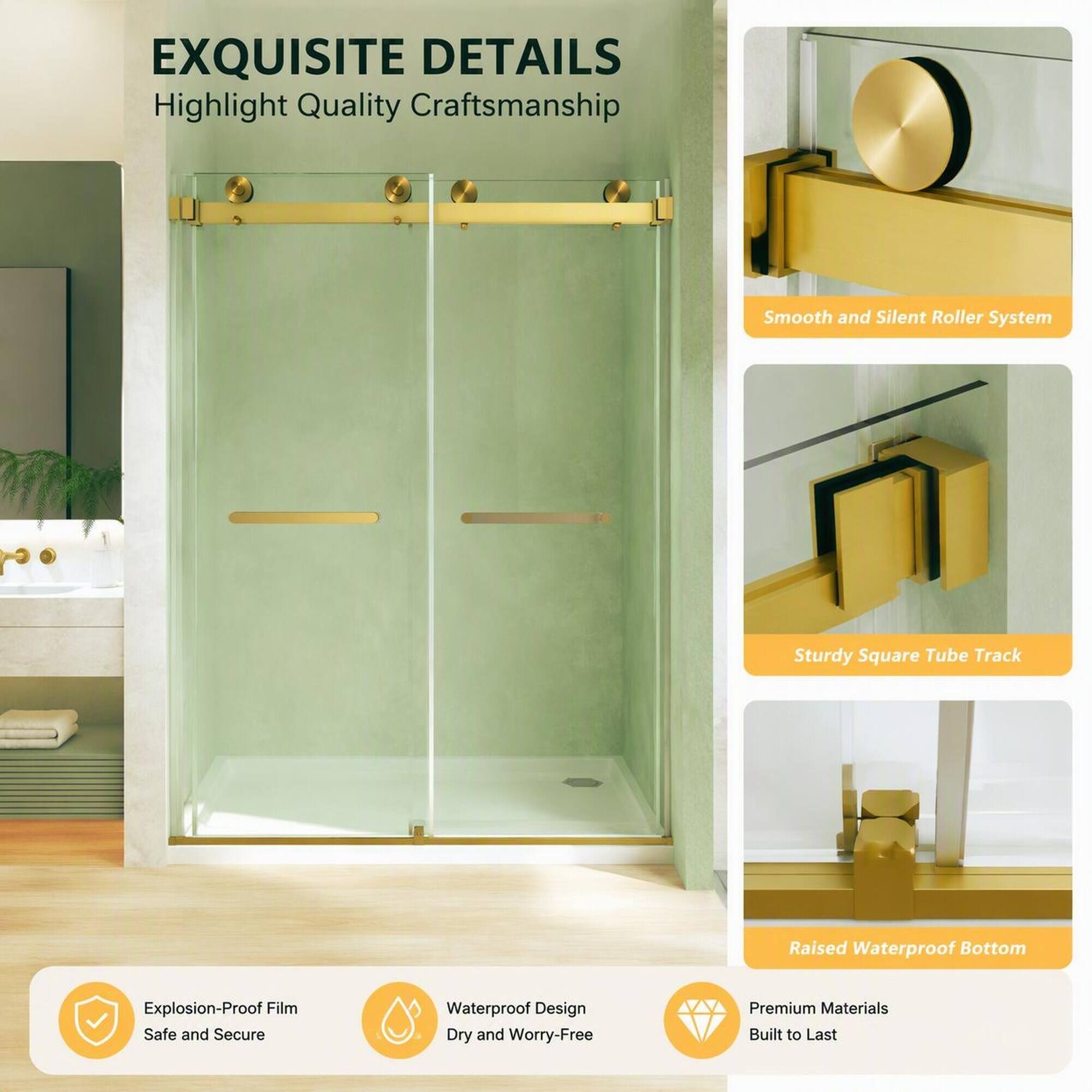 EXQUISITE DETAILS  
Highlight Quality Craftsmanship

- Smooth and Silent Roller System
- Sturdy Square Tube Track
- Raised Waterproof Bottom
- Explosion-Proof Film Safe and Secure
- Waterproof Design Dry and Worry-Free
- Premium Materials Built to Last