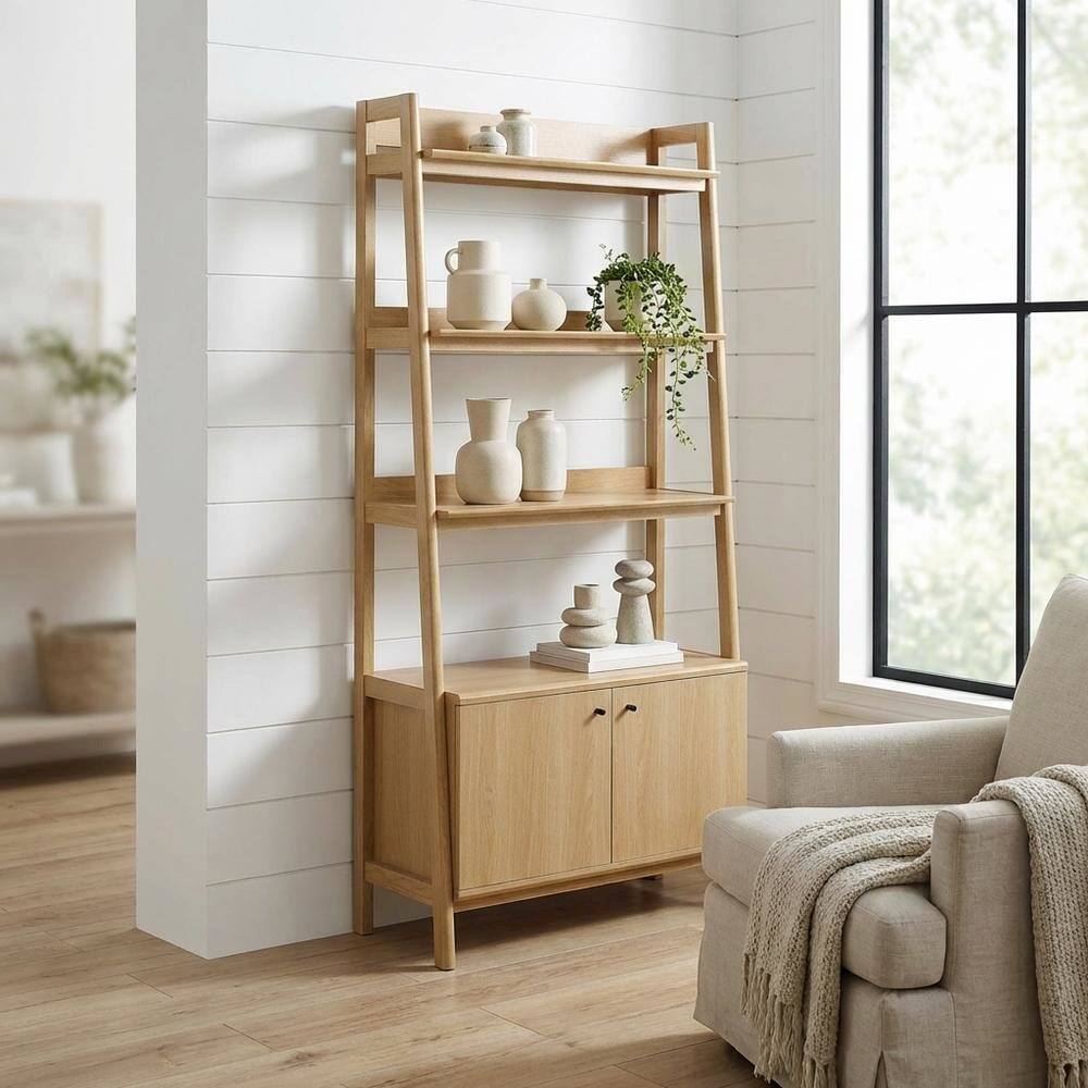 Angle. FurniFact - Contemporary Wooden Bookshelf in Natural Finish for Home Office Use - Brown.