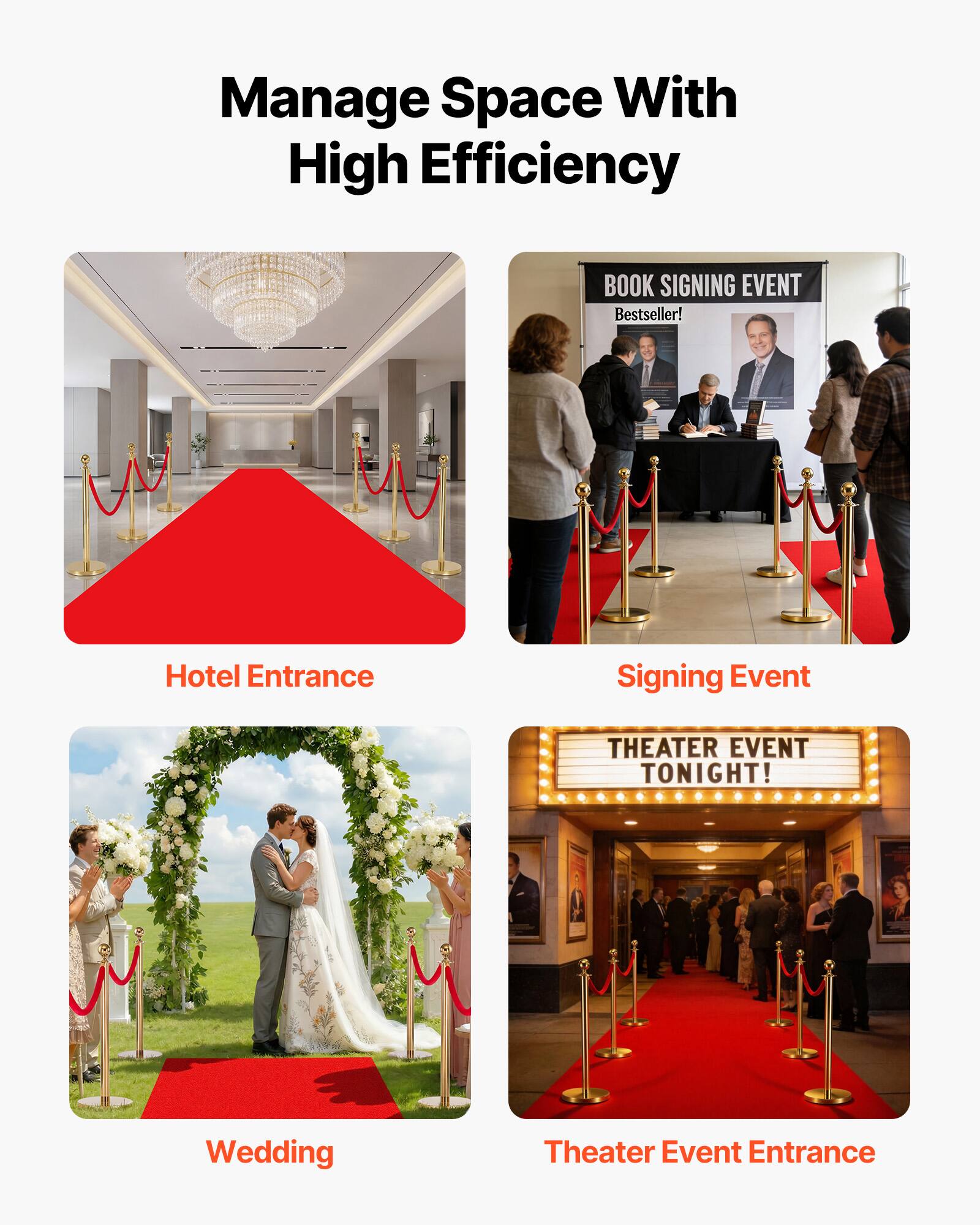 Manage Space With High Efficiency

- Hotel Entrance
- Signing Event
- Wedding
- Theater Event Entrance

BOOK SIGNING EVENT
Bestseller!

THEATER EVENT
TONIGHT!