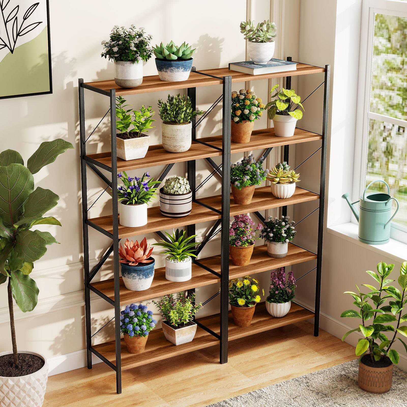Alt View 5. Costway - Costway 1 PCS 5-Tier Tall Bookshelf, Industrial Bookcase with Heavy-Duty Metal Frame for Home - Walnut.