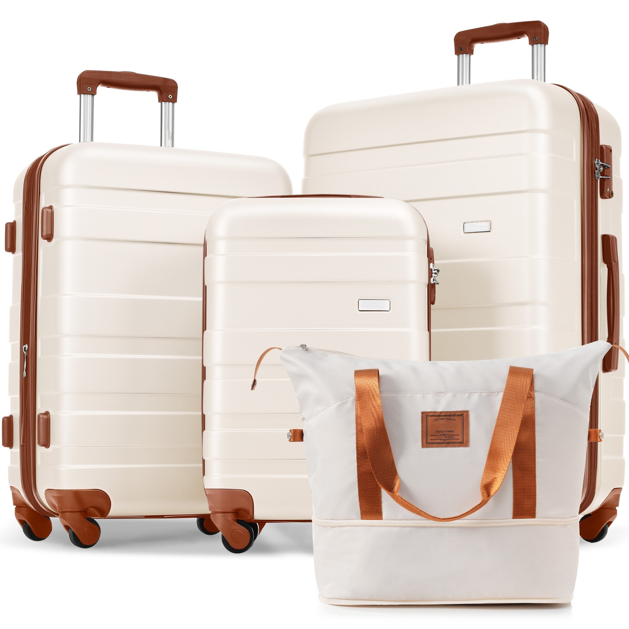 Ecooso - 4-Piece Luggage Set with 20/24/28-Inch Suitcases and Expandable Travel Bag, ABS Shell, Spinner Wheels, TSA Lock - Ivory