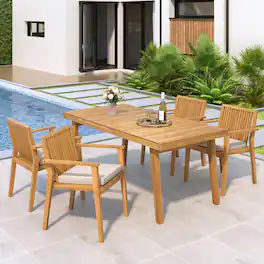 Mondawe - 5 - Piece Patio Furniture Set Acacia Wood Table and 4 Heavy-Duty Cushioned Chairs - Beige+Natural