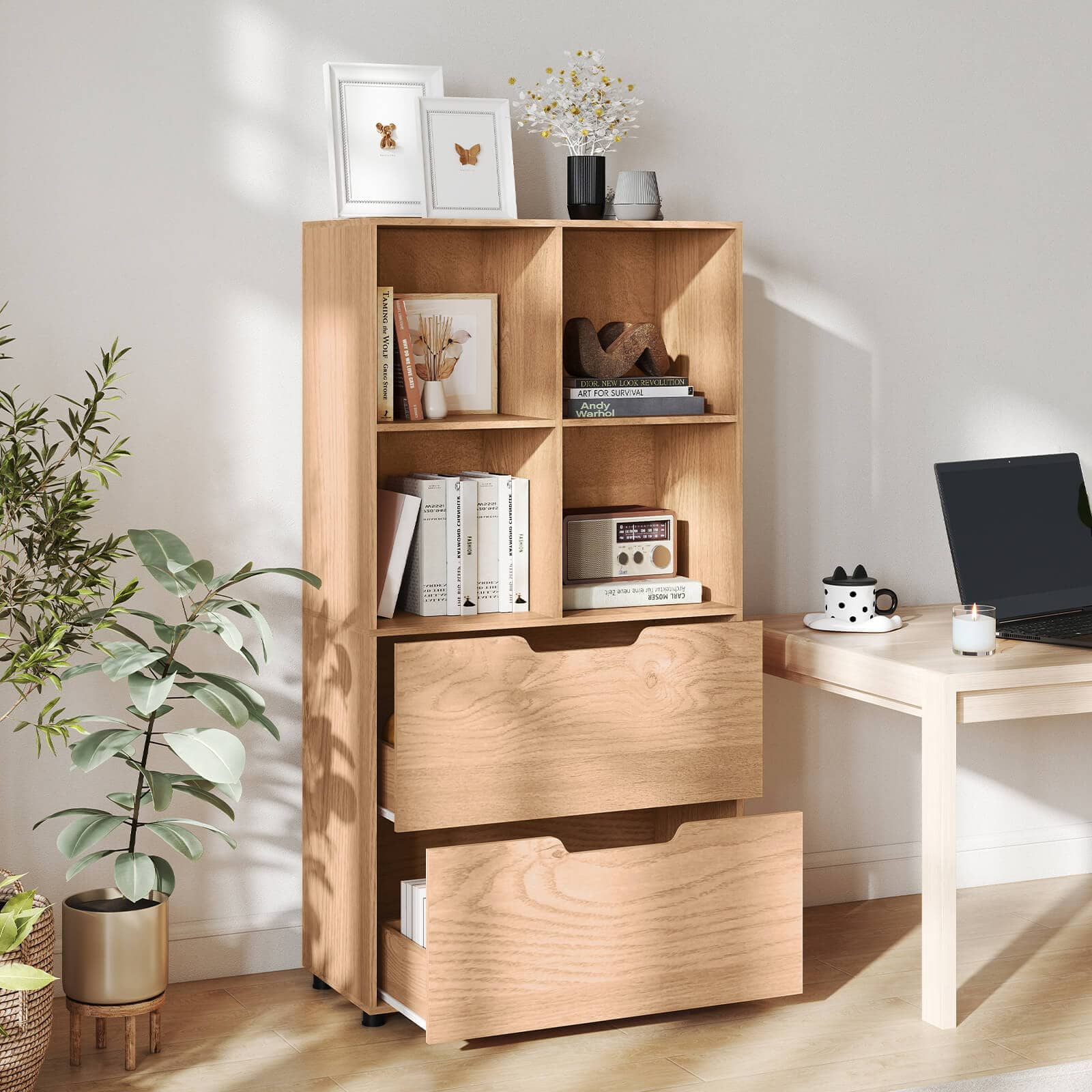 Costway - 51" 4-Cube Bookcase with 2 Drawers, 5-Tier Tall Freestanding Bookshelf for Study - Natural