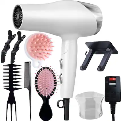 Front. Morfone - 9pcs foldable hair dryer set. Portable hair styling tool for home, travel or business trips. Can be used as a gift set..