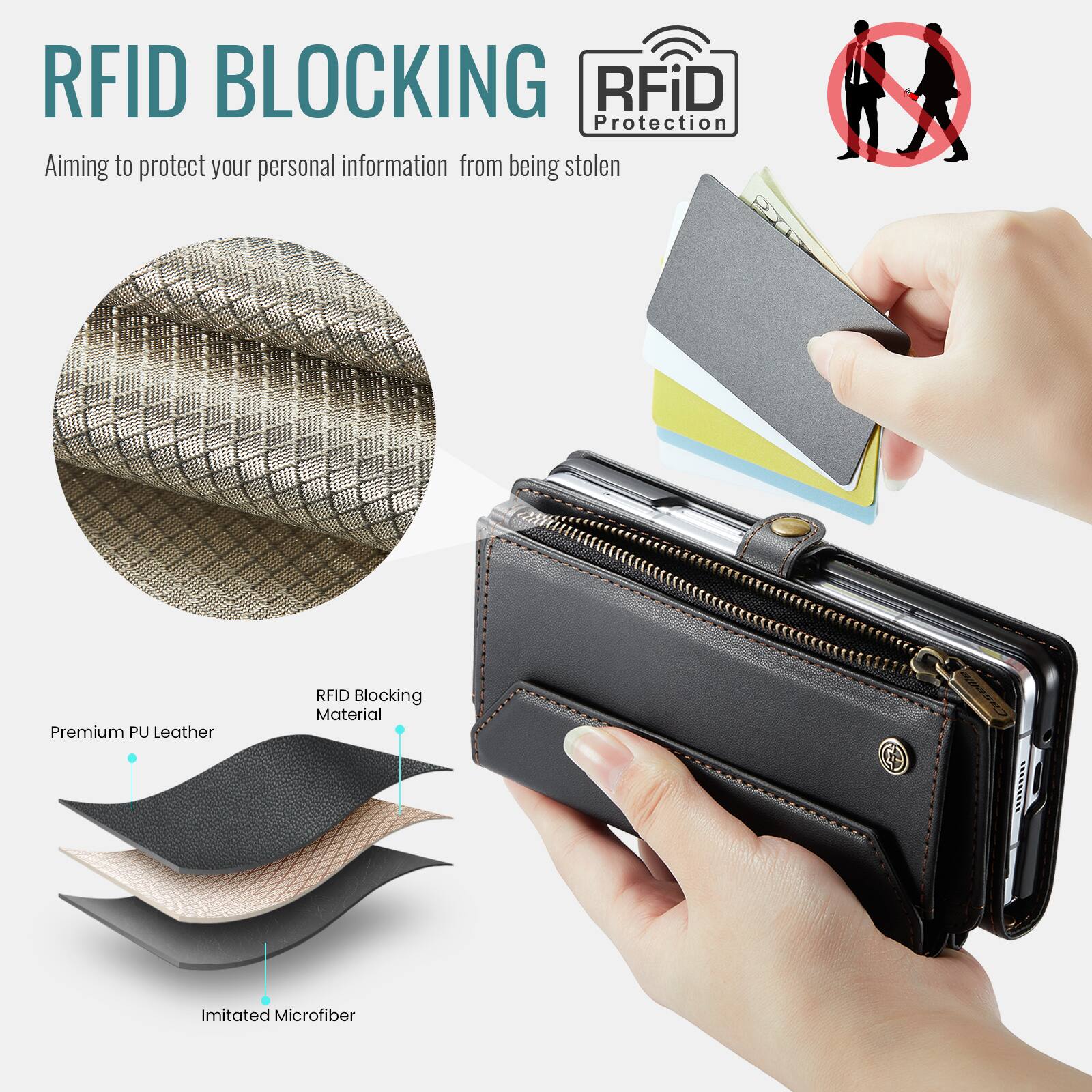 RFID BLOCKING  
Aiming to protect your personal information from being stolen  

RFiD Protection  

Premium PU Leather RFID Blocking Material  
Imitated Microfiber