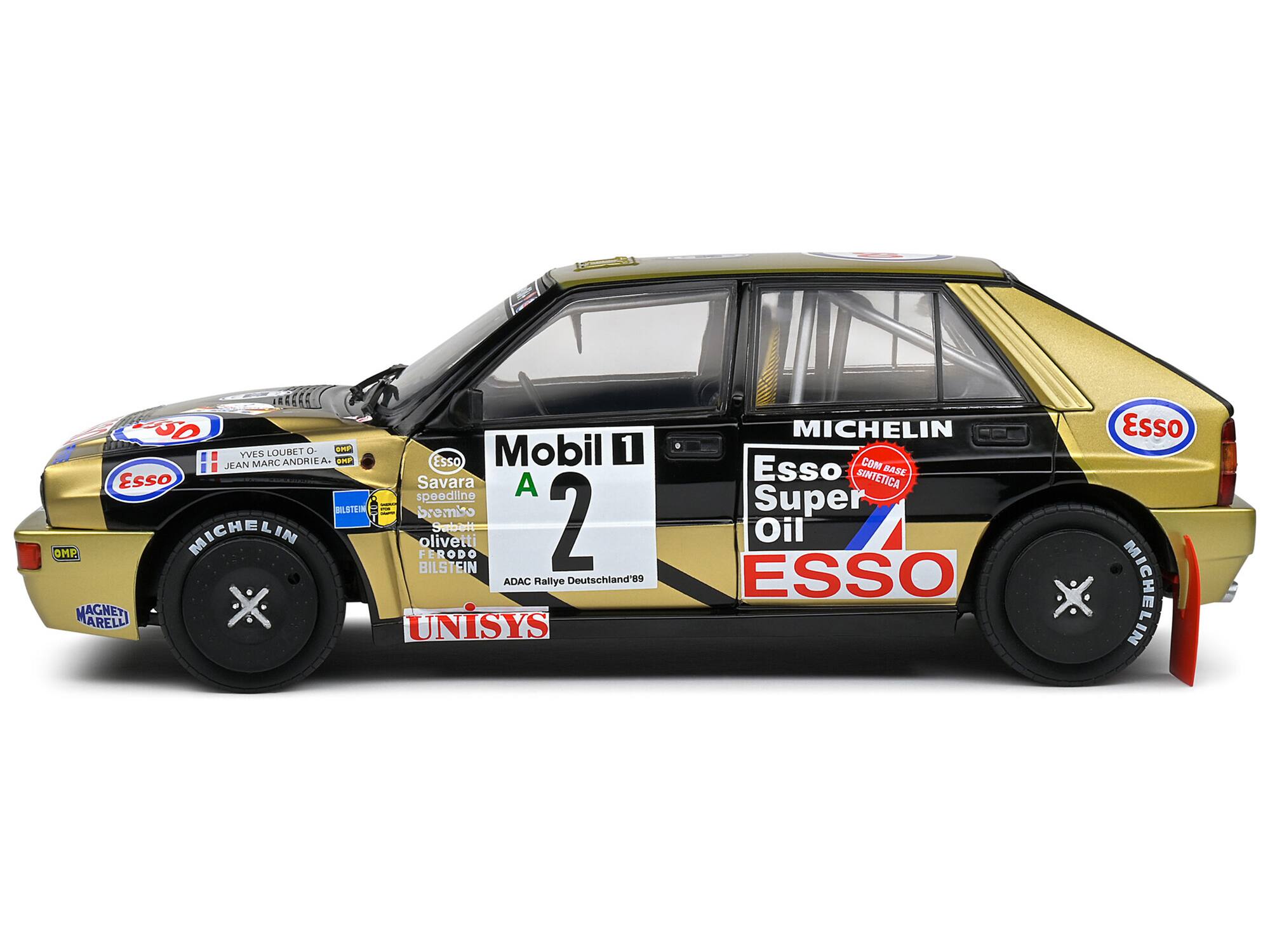 Sure, here is the corrected and grouped text from the image:

- YVES LOUBET O.
- JEAN MARC ANDRIEA
- Esso
- Mobil 1
- Savara
- Speedline
- BILSTEIN
- OMP
- MICHELIN
- FERODO
- BILSTEIN
- olivetti
- Jabl
- ADAC
- Hallye Deutschland'89
- AGNET ARELL
- UNISYS
- MICHELIN
- Esso
- COM BASE SINTETICA
- Super Oil
- ESSO
- ESSO
- MICHELIN
- INN
- A 2
- Esso Super Oil
- Don Rase
- ADAC Rallye Deutschland'89