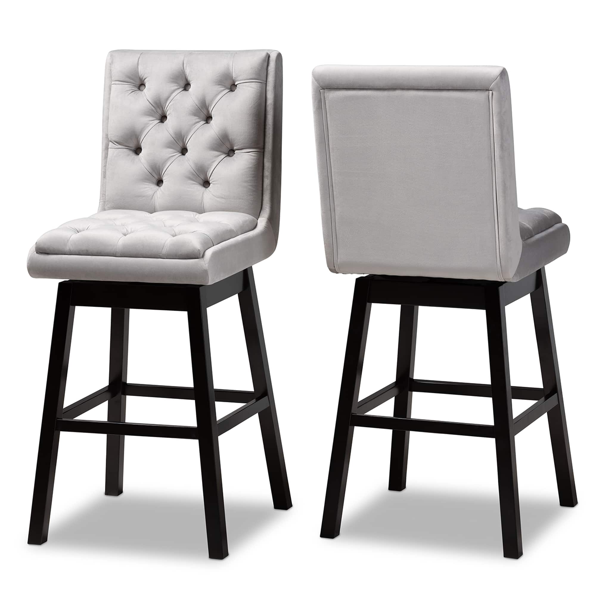 Baxton Studio - Gregory Modern Velvet Upholstered and Dark Brown Finished 2-Piece Swivel Bar Stool Set - Light Grey/ Dark Brown