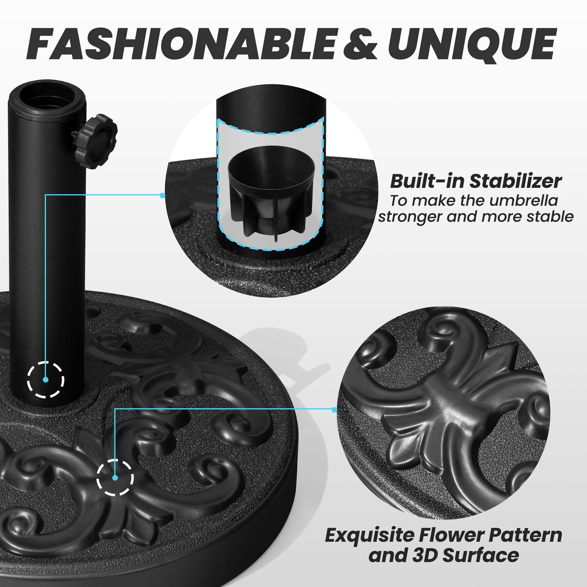 FASHIONABLE & UNIQUE

Built-in Stabilizer  
To make the umbrella stronger and more stable

Exquisite Flower Pattern and 3D Surface