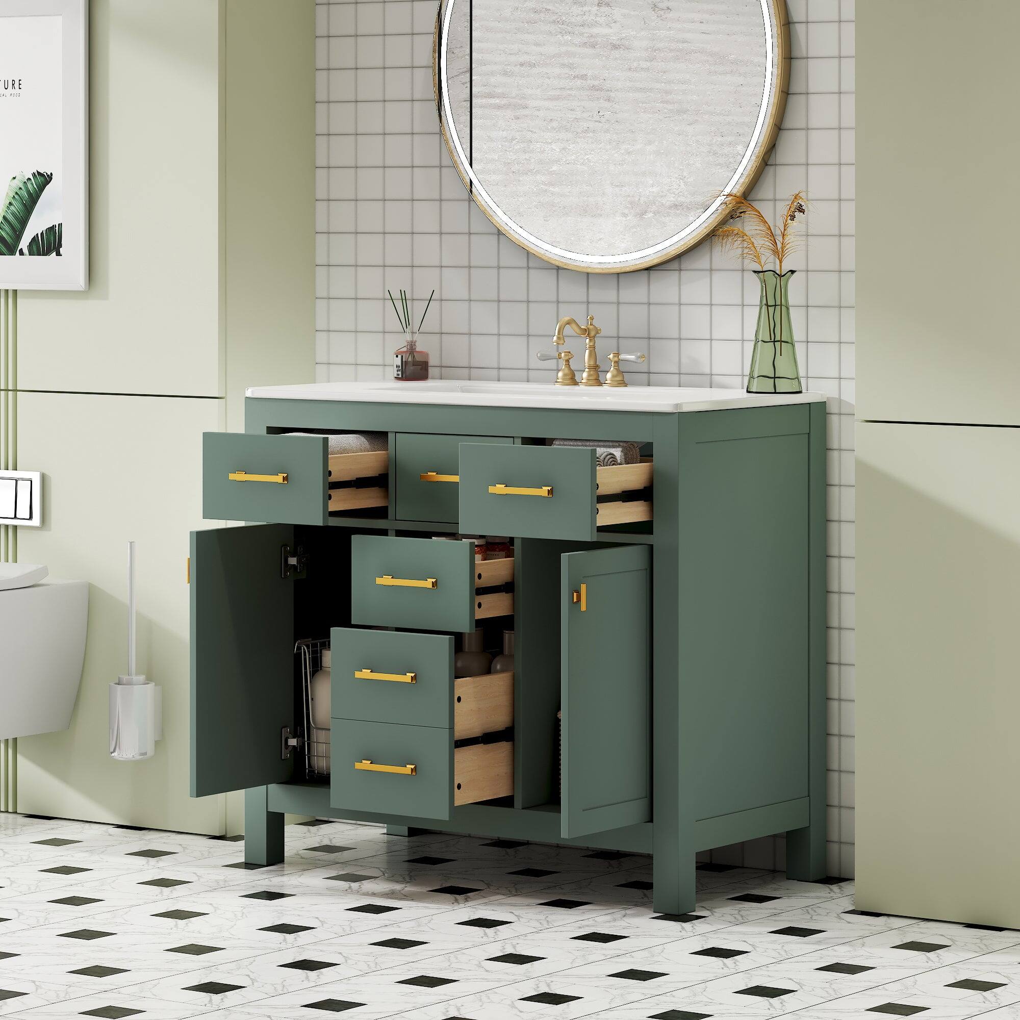 Alt View 5. Boyel Living - 36 Inch Modern Bathroom Vanity with Ceramic Sink Four Drawers Two Cabinets Green - Green.