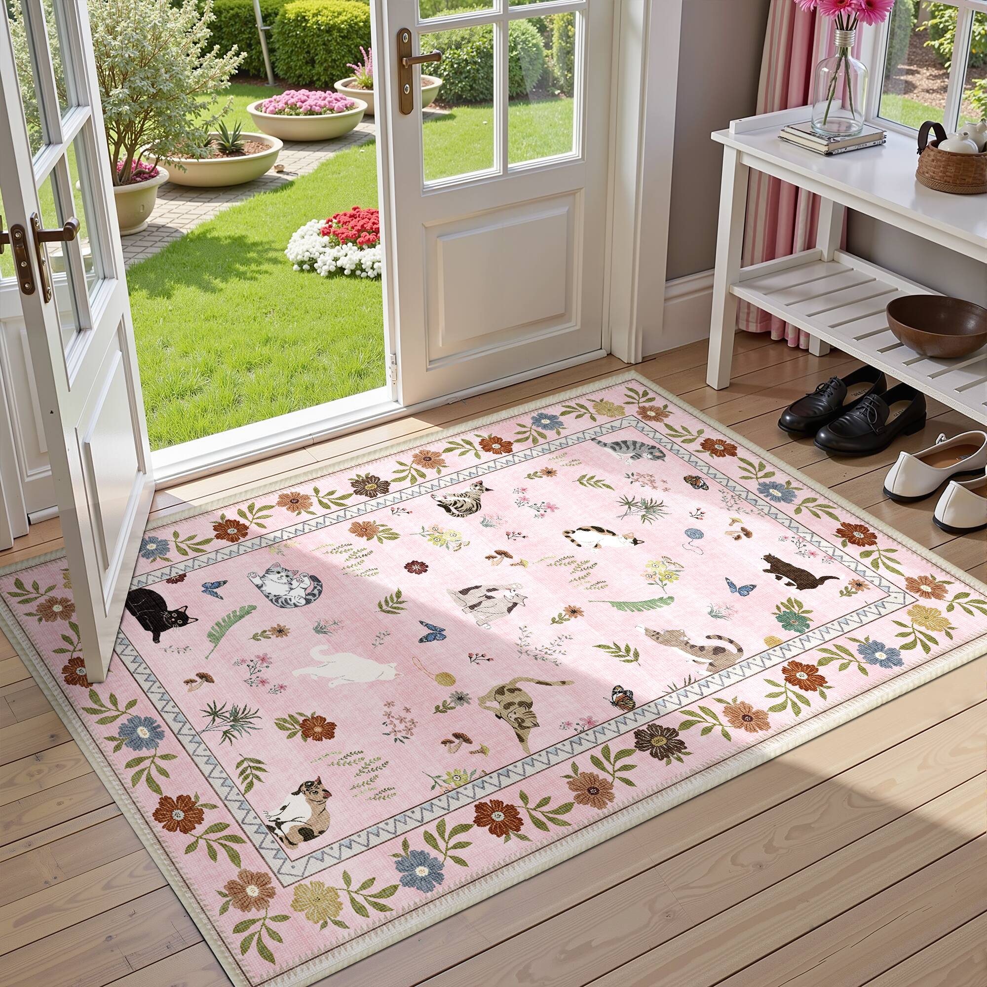 Alt View 2. KERDOM - Cute Cat Print 2x3 ft Small Area Rug – Adorable Kitten Floor Mat for Entryway & Bathroom, Non-Slip Washable Accent Rug - Pink.
