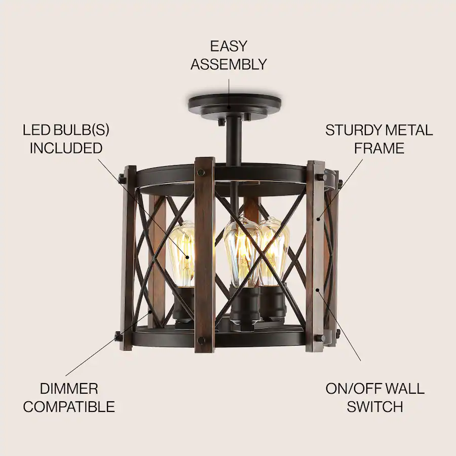 Jonathan Y Ferme 14" 3 Light Iron Rustic Farmhouse LED Flush Mount ...