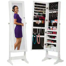 Best Choice Products - Jewelry Armoire Cabinet, Full Length Mirror w/ Velvet Storage Interior, Lock - White