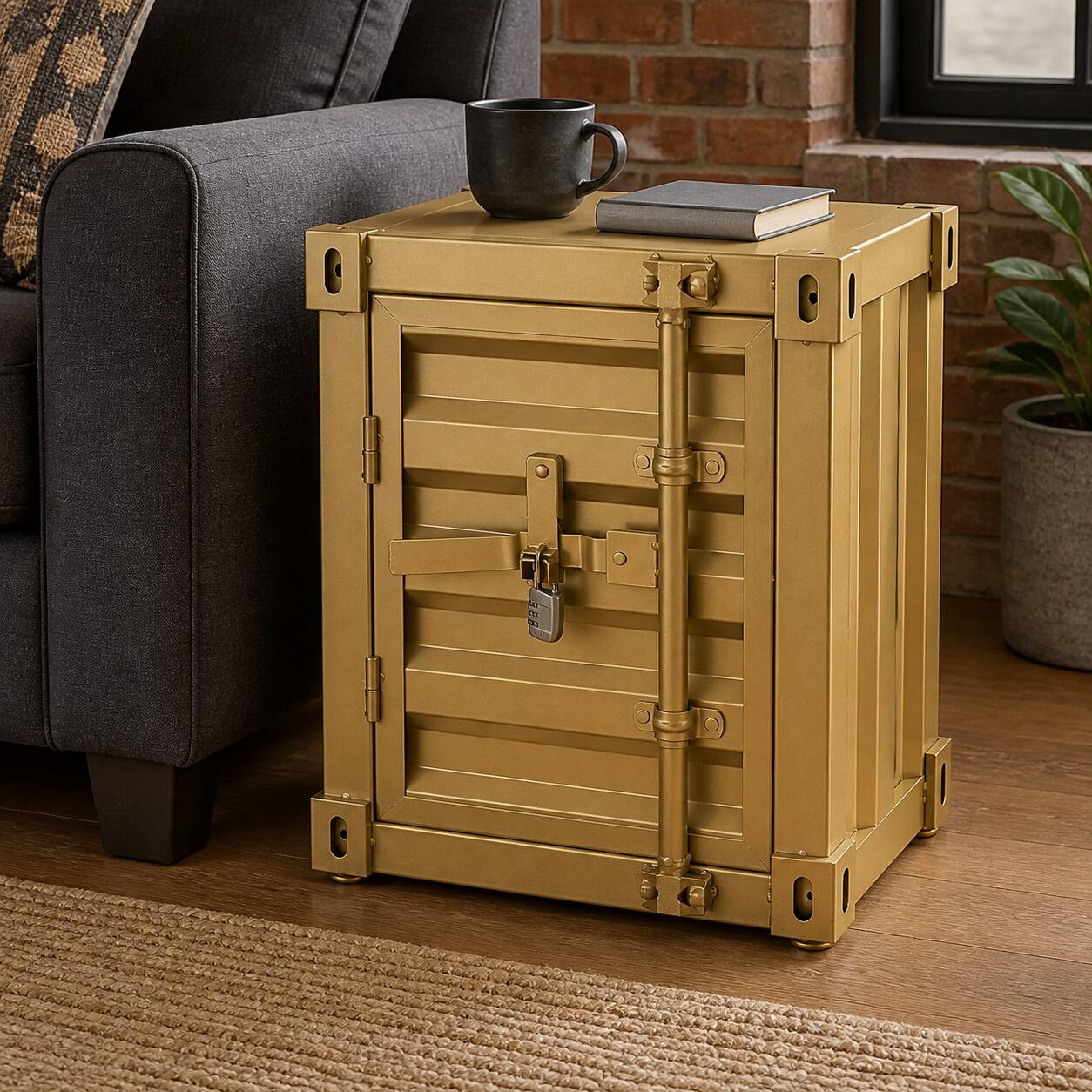 Front. VIVZONE - Modern Industrial Gold Metal Shipping Container Side Table with Lockable Shelf - Gold.