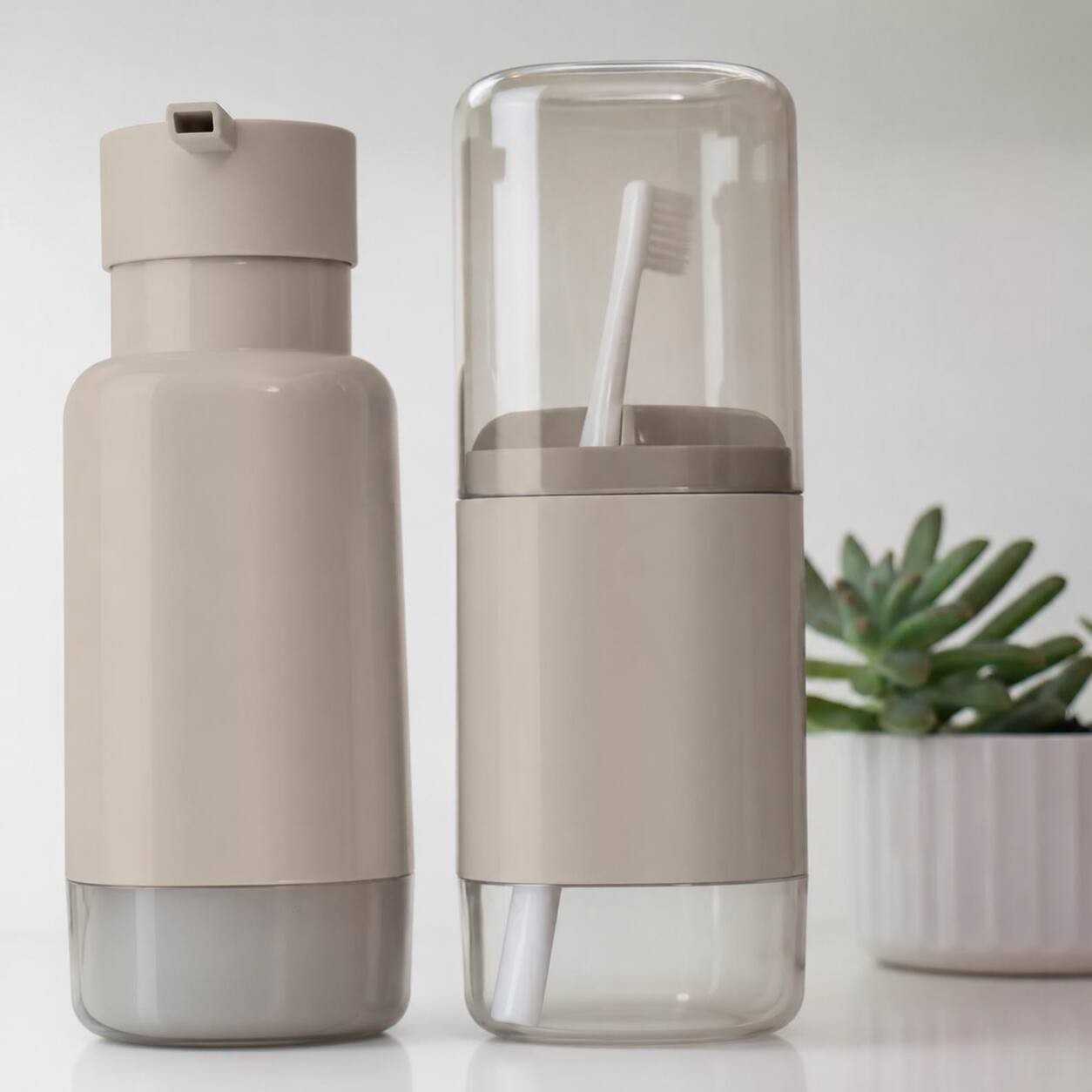 Left. OU - OU Soap Dispenser & Toothbrush Holder, Dual Bathroom Set 17oz Soap Dispenser, Nonslip Brush Holder - Beige - Beige.