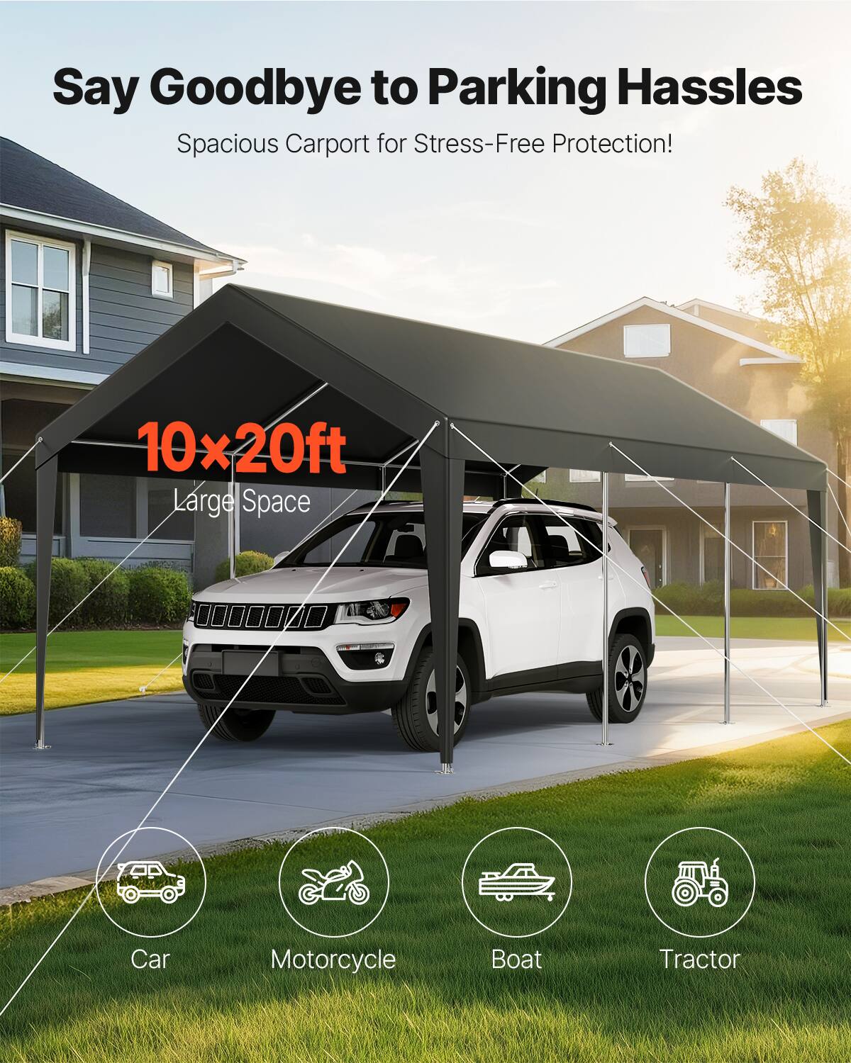 Say Goodbye to Parking Hassles, Spacious Carport for Stress-Free Protection! 10x20ft Large Space. Car, Motorcycle, Boat, Tractor.