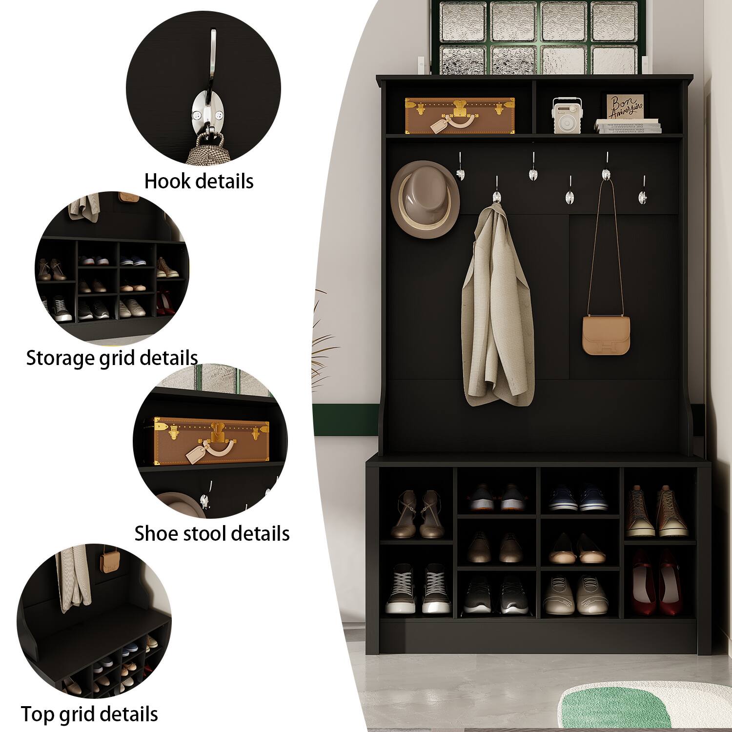 - Hook details
- Storage grid details
- Shoe stool details
- Top grid details