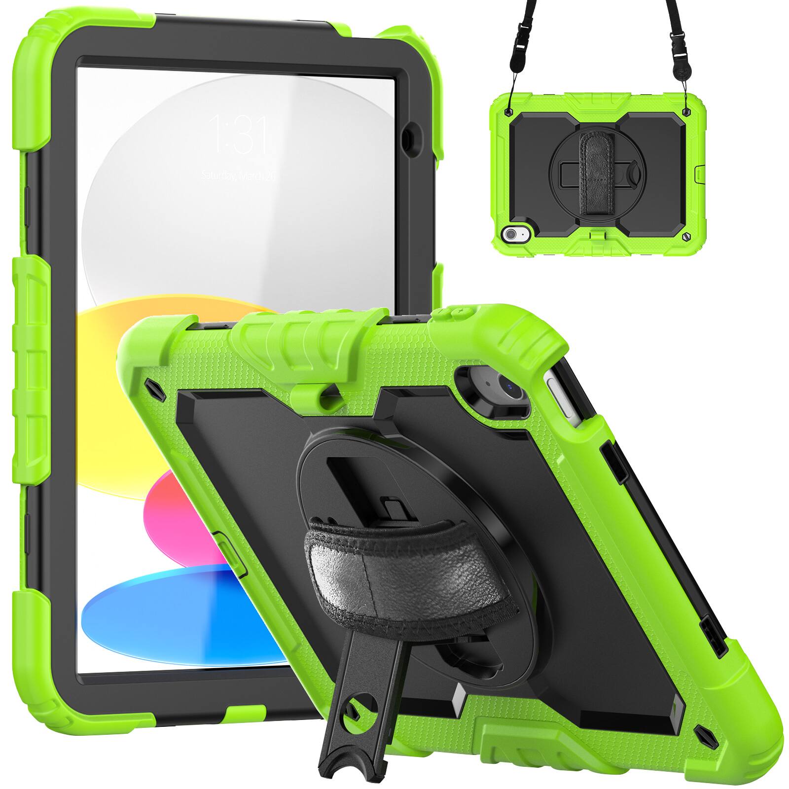Angle. Dteck - For Apple iPad 11"(A16 chip 2025)&iPad 10th 2022 Three-Layer Kickstand Shoulder Strap Case Built-in Screen Protector - Green.