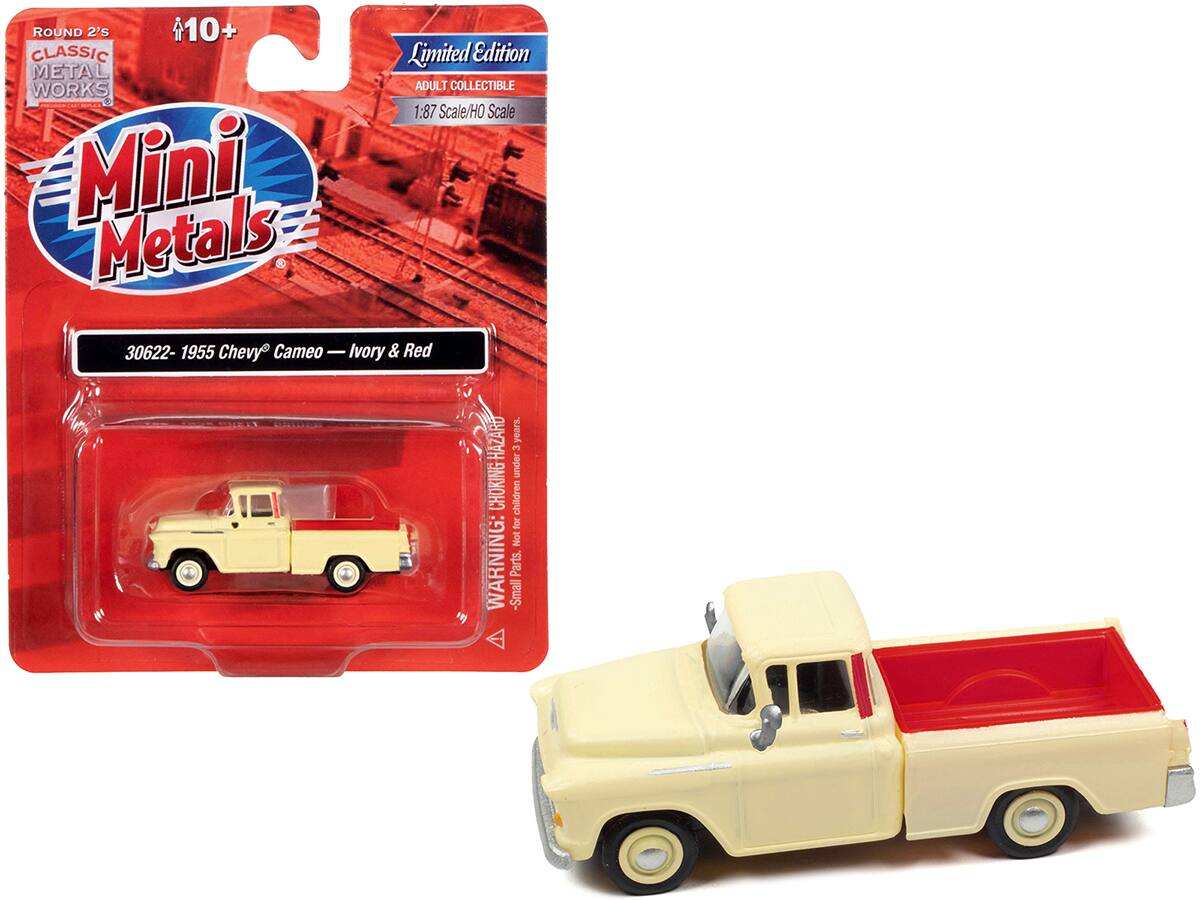 ROUND 2's CLASSIC METAL WORKS  
Mini Metals  
Limited Edition  
ADULT COLLECTIBLE  
1:87 Scale/HO Scale  

30622 - 1955 Chevy® Cameo - Ivory & Red  

WARNING: Small Parts. Not for children under 3 years.