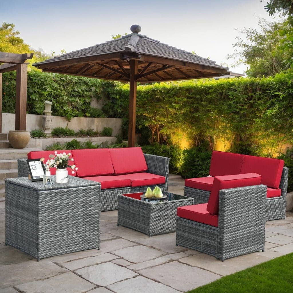 Kadyn - 8 Piece Wicker Sofa Rattan Dinning Set Patio Furniture with Storage Table- Patio Seating Conversation Set - Red