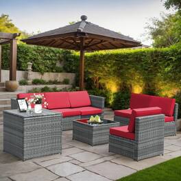 Kadyn - 8 Piece Wicker Sofa Rattan Dinning Set Patio Furniture with Storage Table- Patio Seating Conversation Set - Red