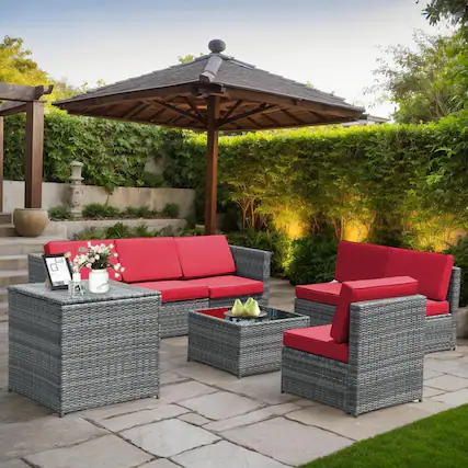 Front. Kadyn - 8 Piece Wicker Sofa Rattan Dinning Set Patio Furniture with Storage Table-Red, Patio Seating Conversation Set - Red.