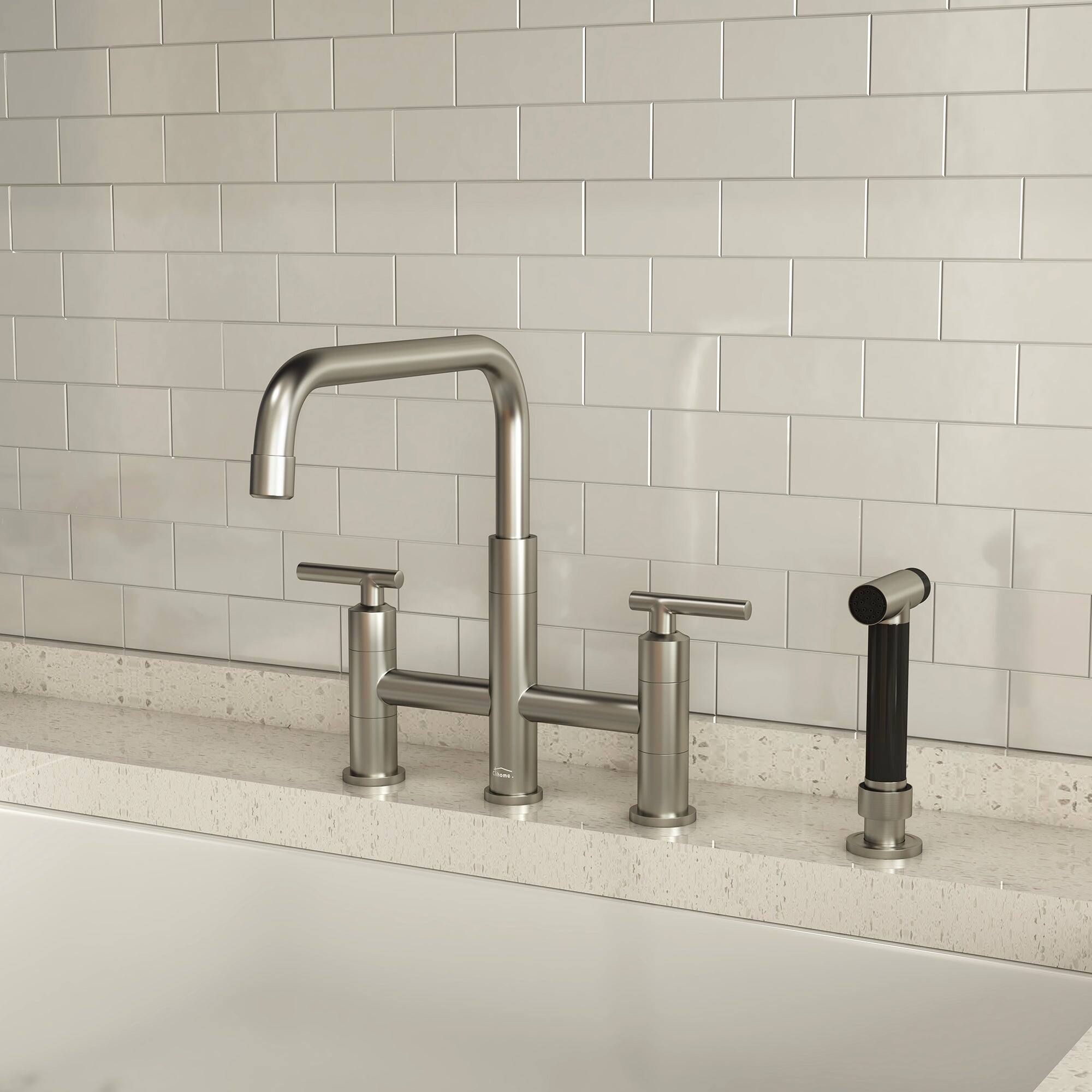 Alt View 9. Boyel Living - Double Handle 360 Degrees Rotation Bridge Kitchen Faucet with Pull-Out Side Sprayer, Ceramic Cartridge - Brushed Nickel.