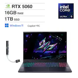 Acer - Predator Helios Neo 16S AI Laptop 16" WQXGA (Intel Ultra 9- 275HX, RTX 5060, 16GB DDR5, 1TB SSD, Win11H) w/USB Hub - Obsidian Black