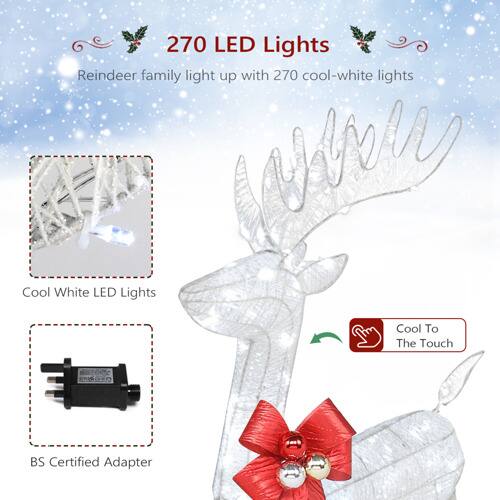 270 LED Lights  
Reindeer family light up with 270 cool-white lights  

Cool White LED Lights  
Cool To The Touch  

BS Certified Adapter