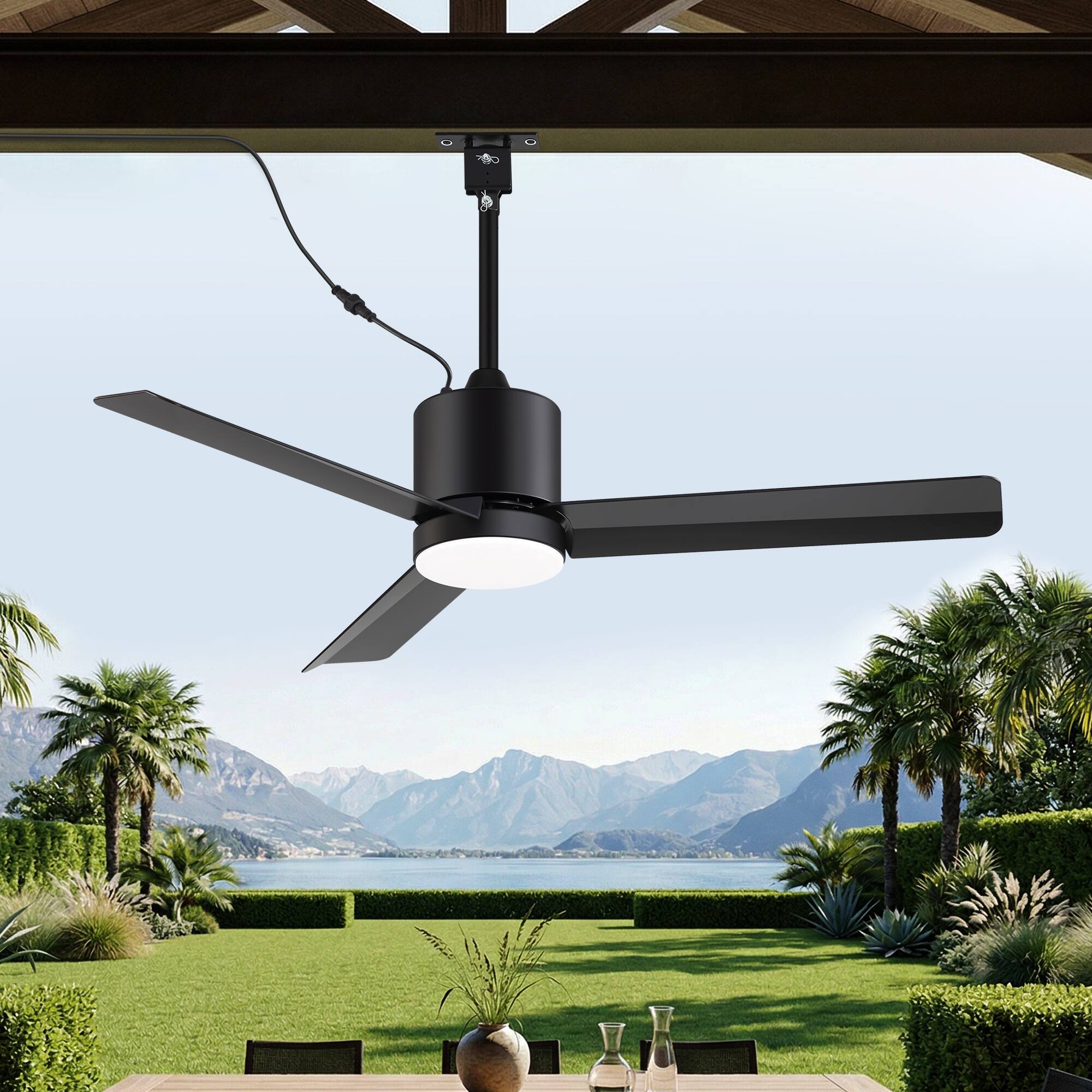 Left. Breezary - 42-Inch Waterproof Ceiling Fan with LED Light, 3 ABS Blades, DC Motor, 6-Speed Remote, 1/4/8h Timer, Tri-Color Dimmable - 42-Inch Matte Black Ceiling Fan.