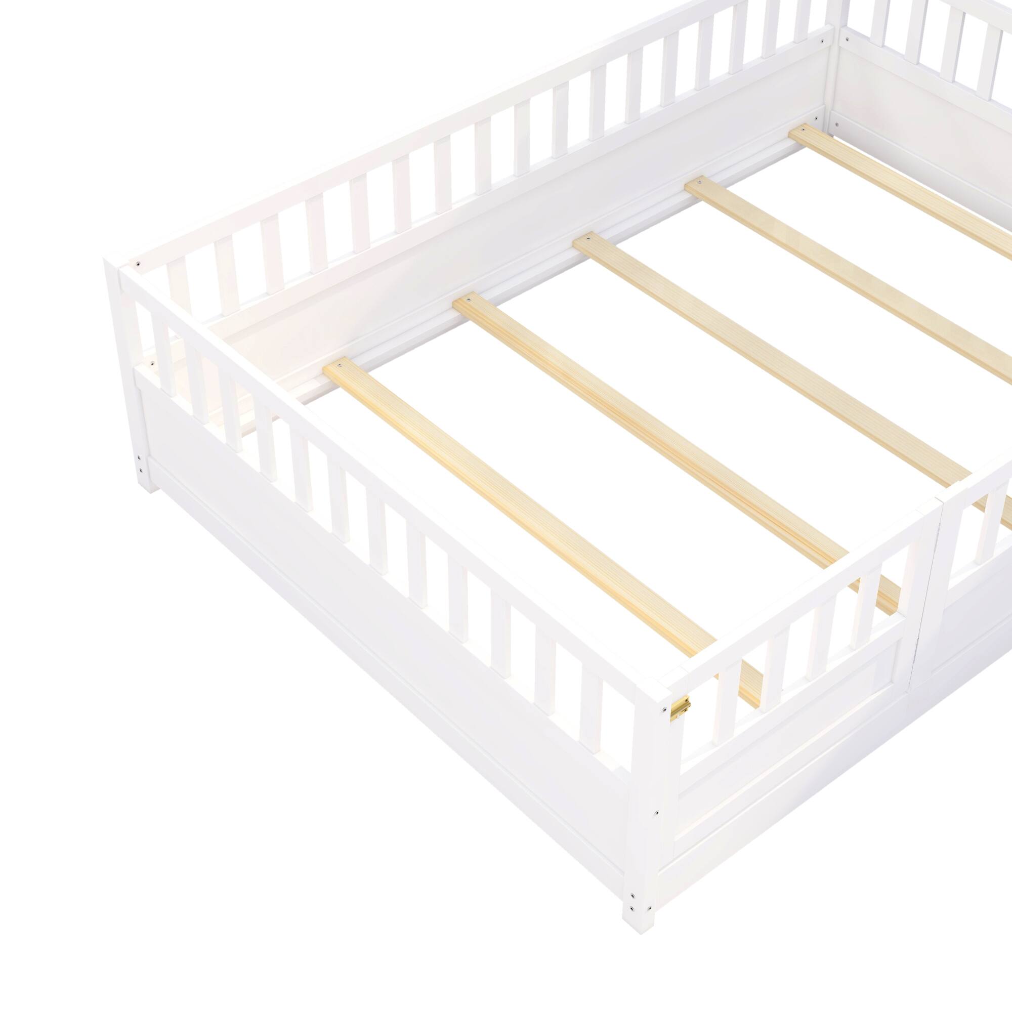 Alt View 9. GOODSILO - Full Size Floor Bed with High Security Barrier and Door for Children, Montessori Style Wooden Frame - White.