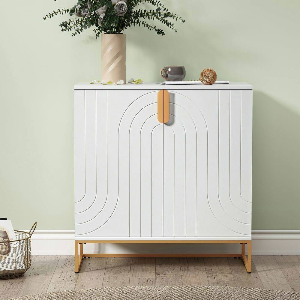 Kadyn - Accent Wood Grain Cabinet with 2 Doors, Storage Cabinet Sideboard with Gold Metal Legs for Living Room,Entryway - White