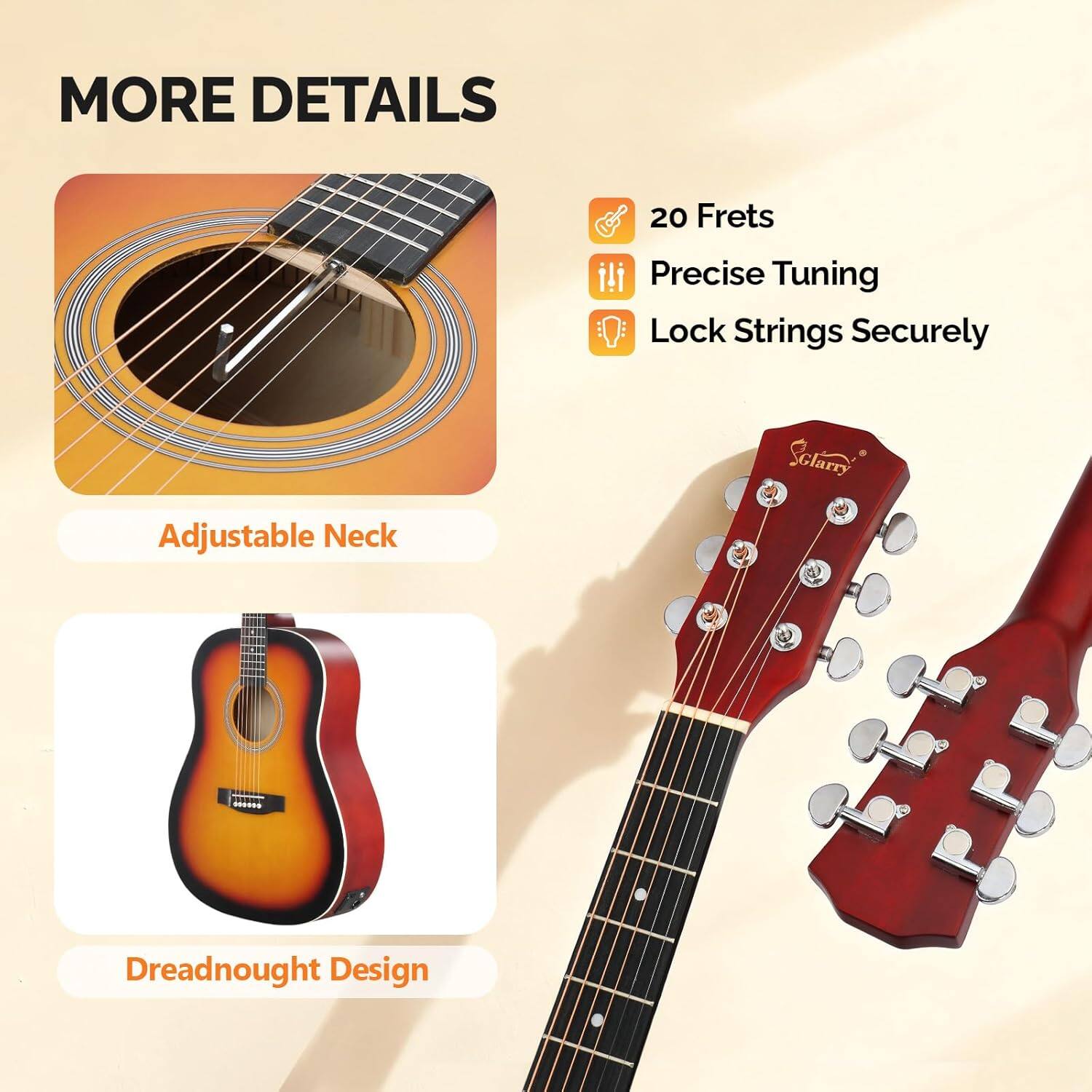 MORE DETAILS

- 20 Frets
- Precise Tuning
- Lock Strings Securely

Adjustable Neck

Dreadnought Design