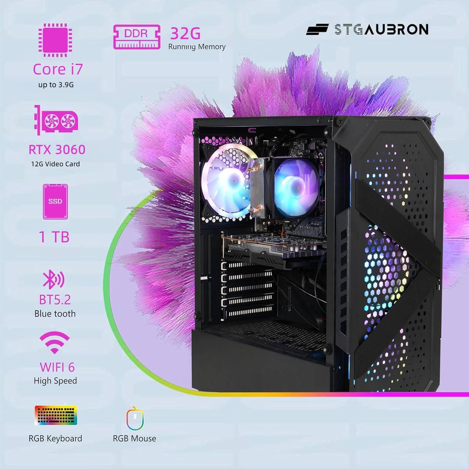 Sure, here is the corrected and grouped text from the image:

- **DDR 32G Running Memory**
- **Core i7 up to 3.9G**
- **RTX 3060 12G Video Card**
- **1 TB SSD**
- **BT5.2 Blue tooth**
- **WIFI 6 High Speed**
- **RGB Keyboard**
- **RGB Mouse**