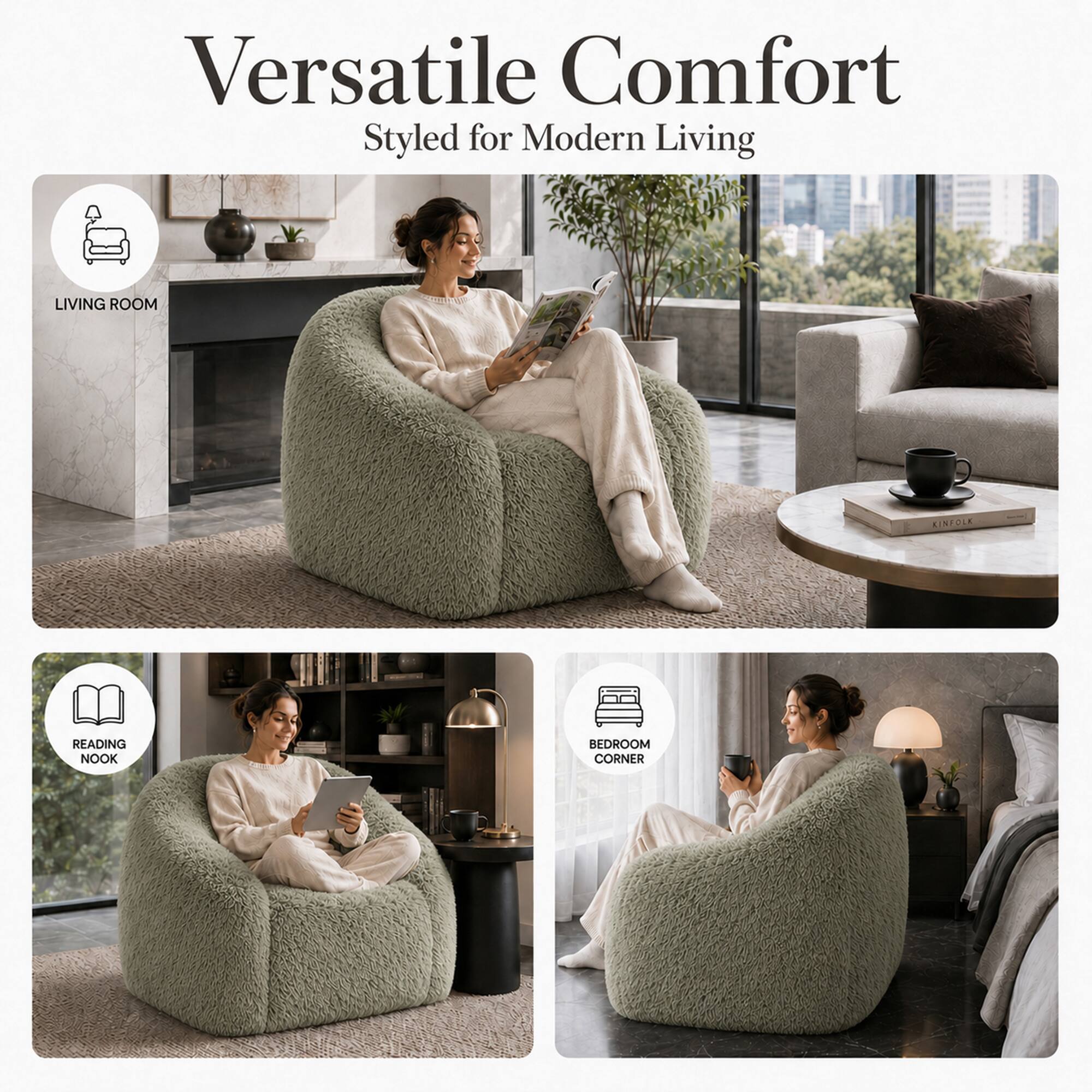 Versatile Comfort Styled for Modern Living

LIVING ROOM

READING NOOK

BEDROOM CORNER