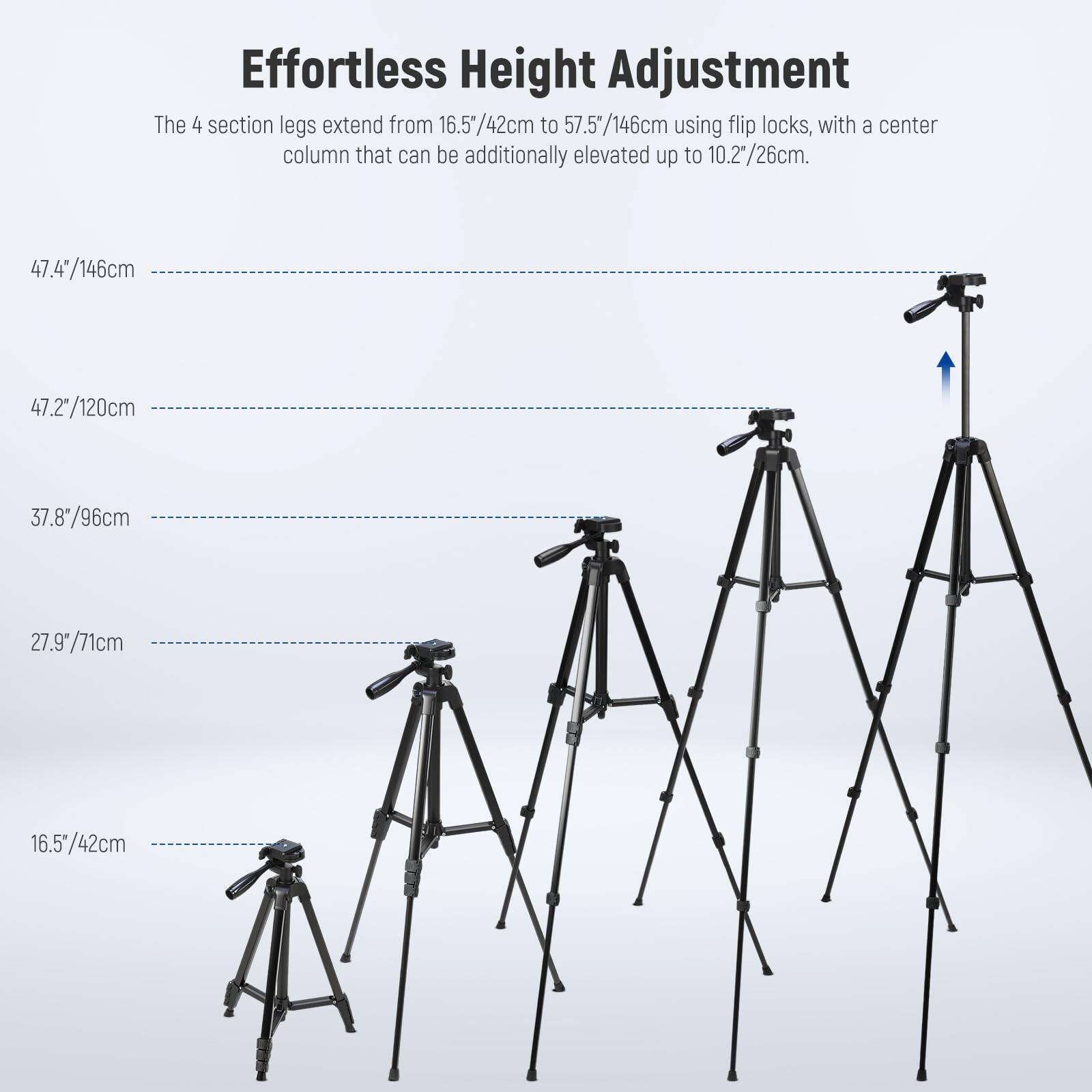 Effortless Height Adjustment

The 4 section legs extend from 16.5"/42cm to 57.5"/146cm using flip locks, with a center column that can be additionally elevated up to 10.2"/26cm.

- 16.5"/42cm
- 27.9"/71cm
- 37.8"/96cm
- 47.2"/120cm
- 47.4"/146cm