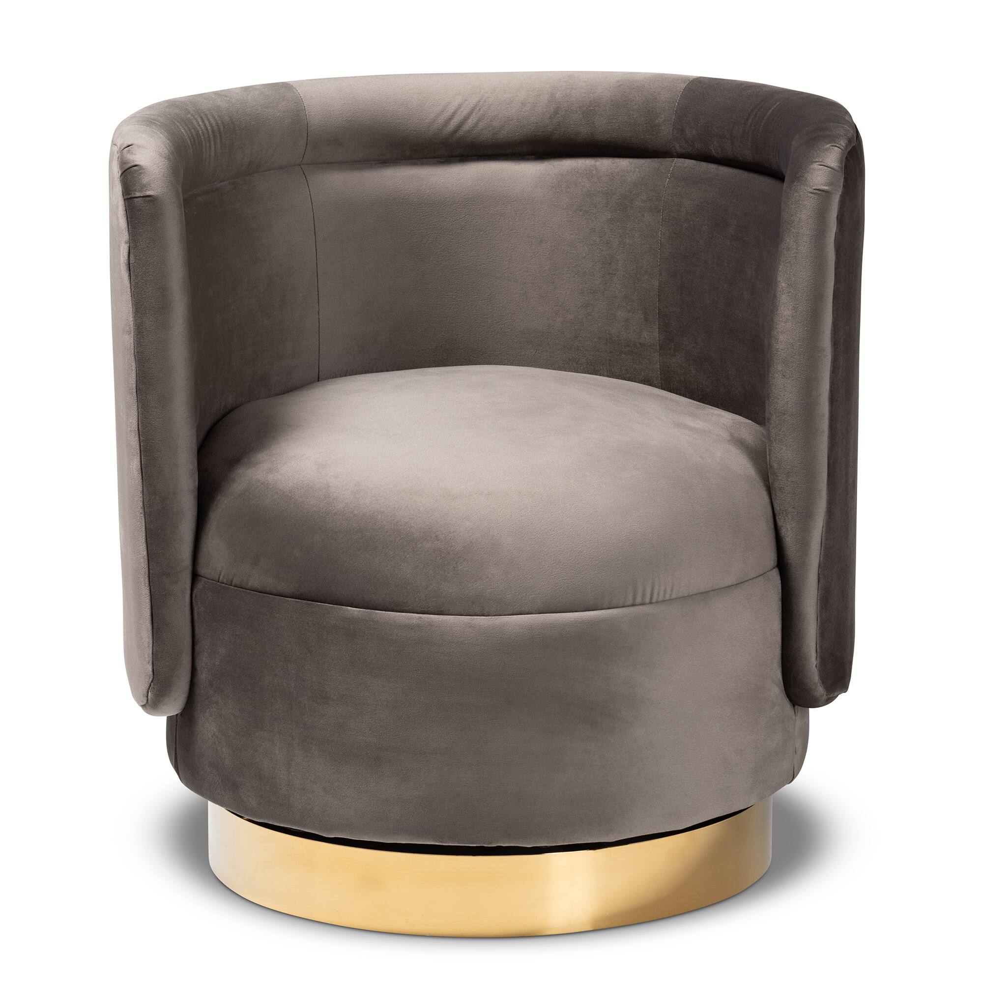 Angle. Baxton Studio - Saffi Glam and Luxe Velvet Fabric Upholstered Gold Finished Swivel Accent Chair - Grey/Gold.
