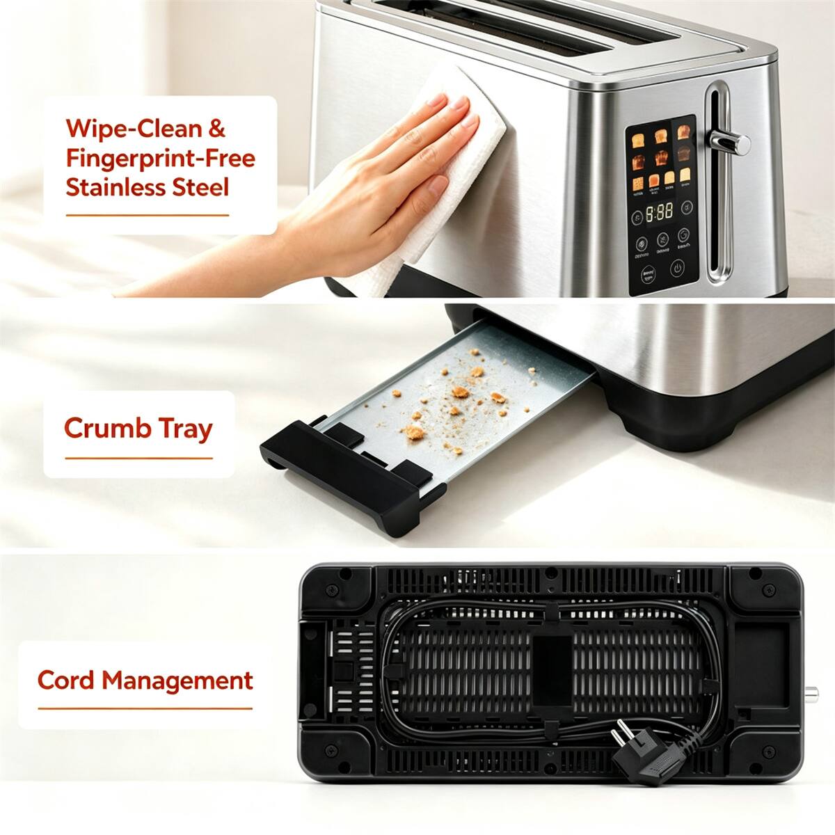 Wipe-Clean & Fingerprint-Free Stainless Steel

8:88

Crumb Tray

Cord Management